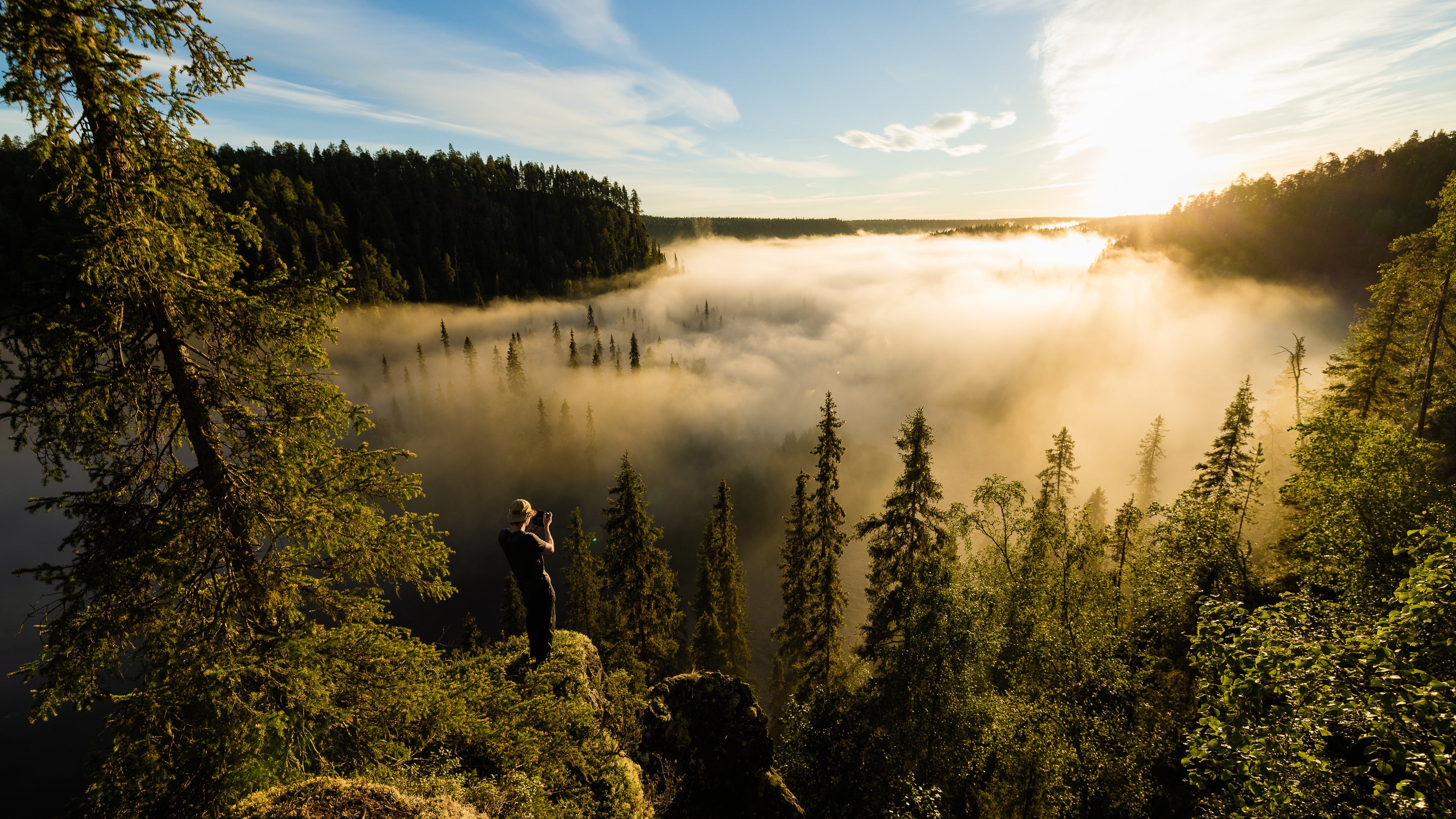 A person stands on a forested cliff, photographing a misty lake at sunrise. Tall trees surround the scene and sunlight filters through the fog above the calm water.