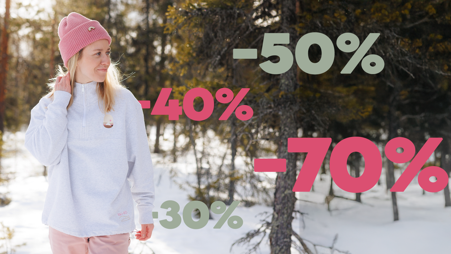 Woman in winter clothes outdoors with large -30%, -40%, -50%, and -70% discount text overlaid in pink and green.