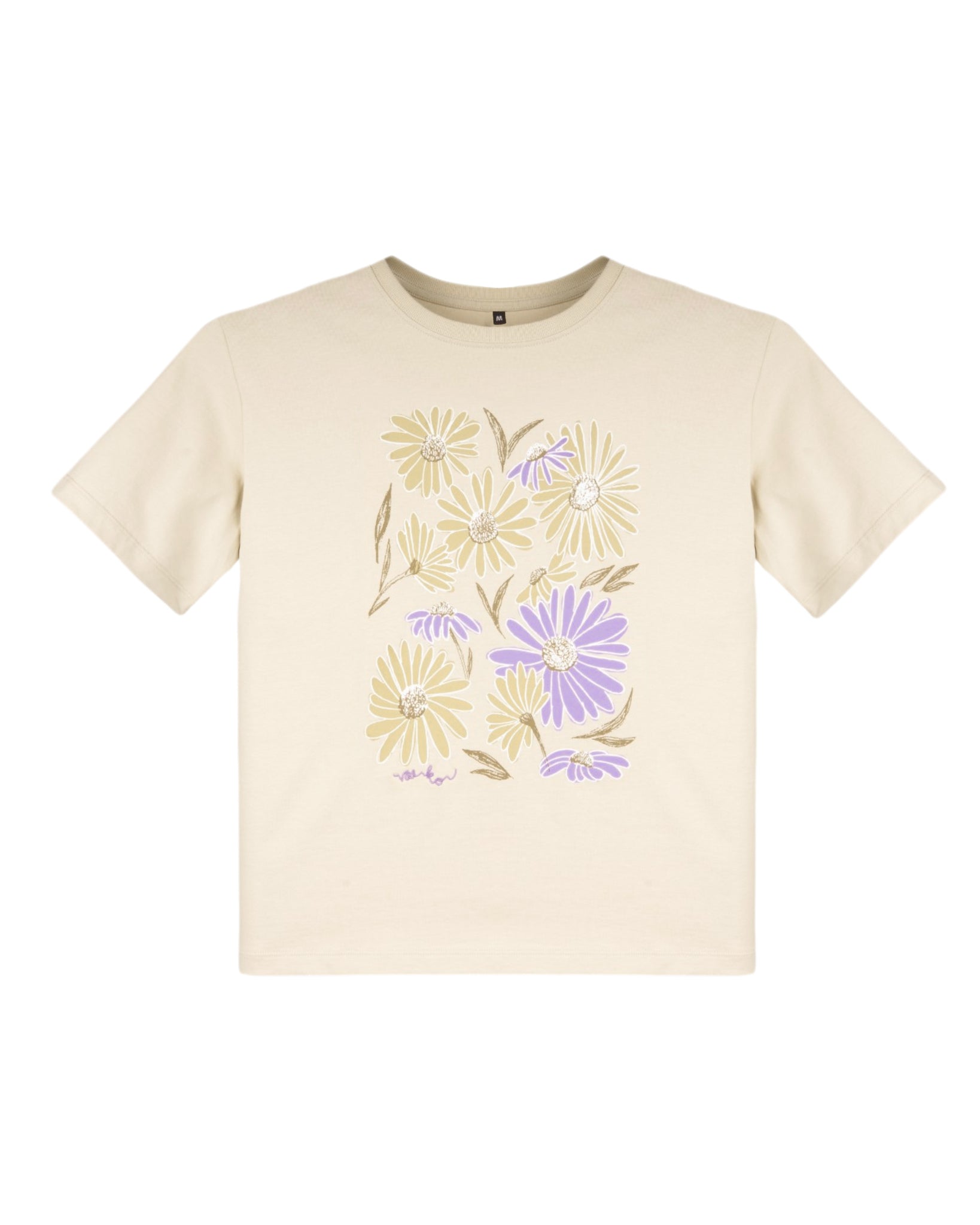 Beige t-shirt with yellow and purple daisy prints and green leaves on the front.