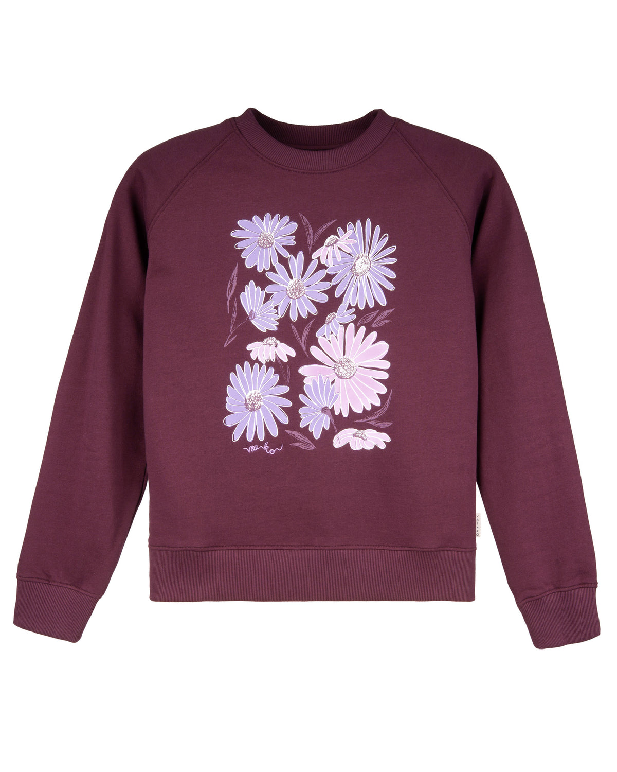 Maroon sweatshirt with a print of light purple and white daisies on the front.