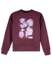 Maroon sweatshirt with a print of light purple and white daisies on the front.