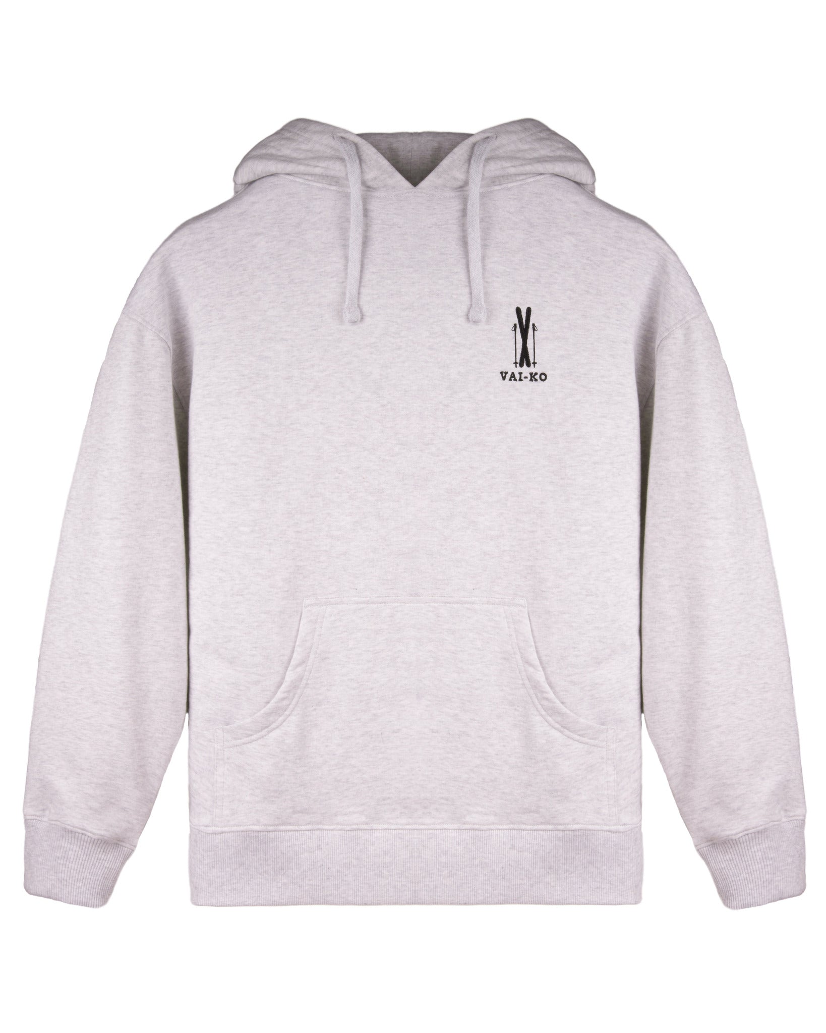 Light gray hoodie with a front pouch pocket and a small black VAL:KO logo on the left chest.