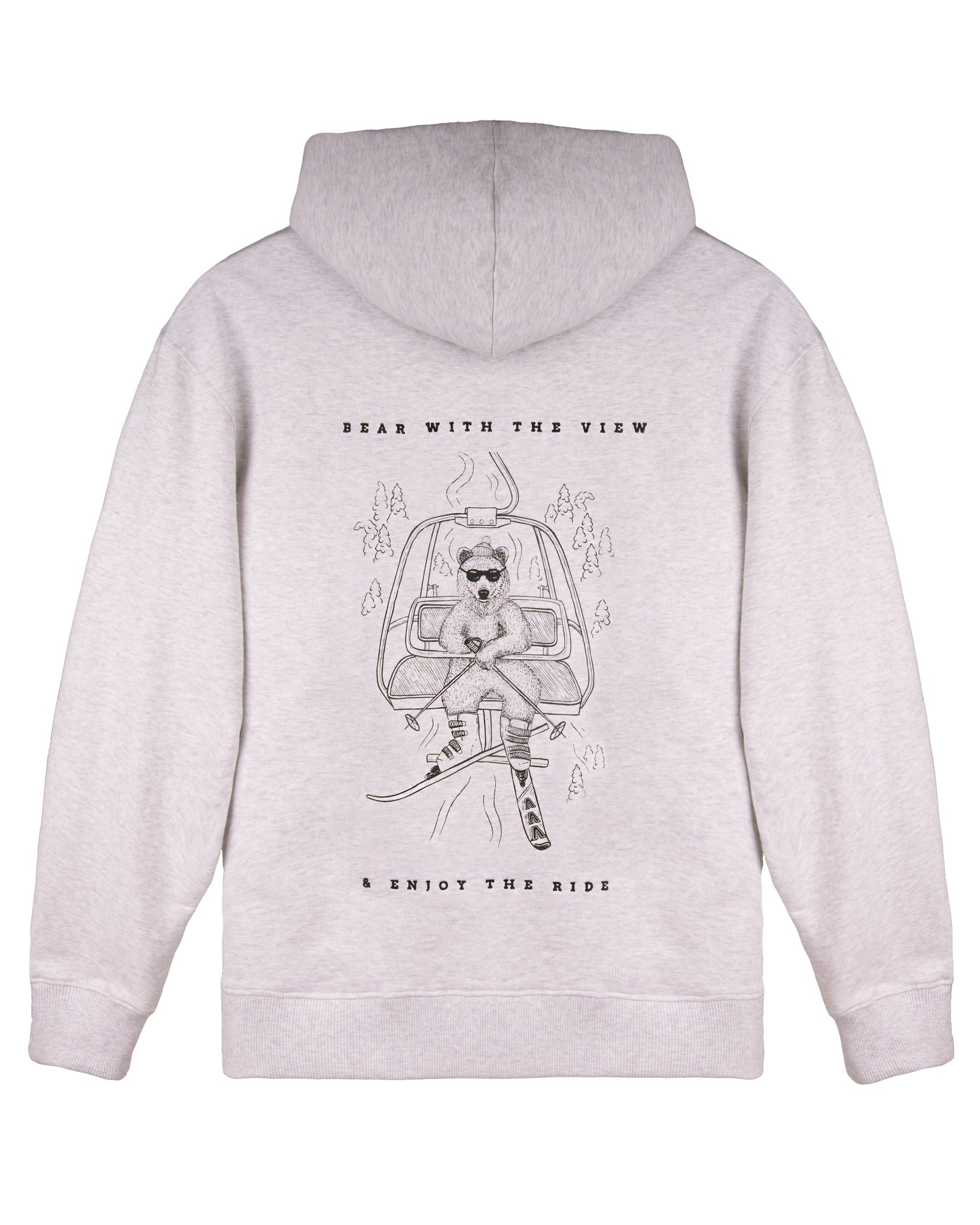 Gray hoodie with a bear in sunglasses riding a ski lift, surrounded by trees. Text: Bear with the view & enjoy the ride..