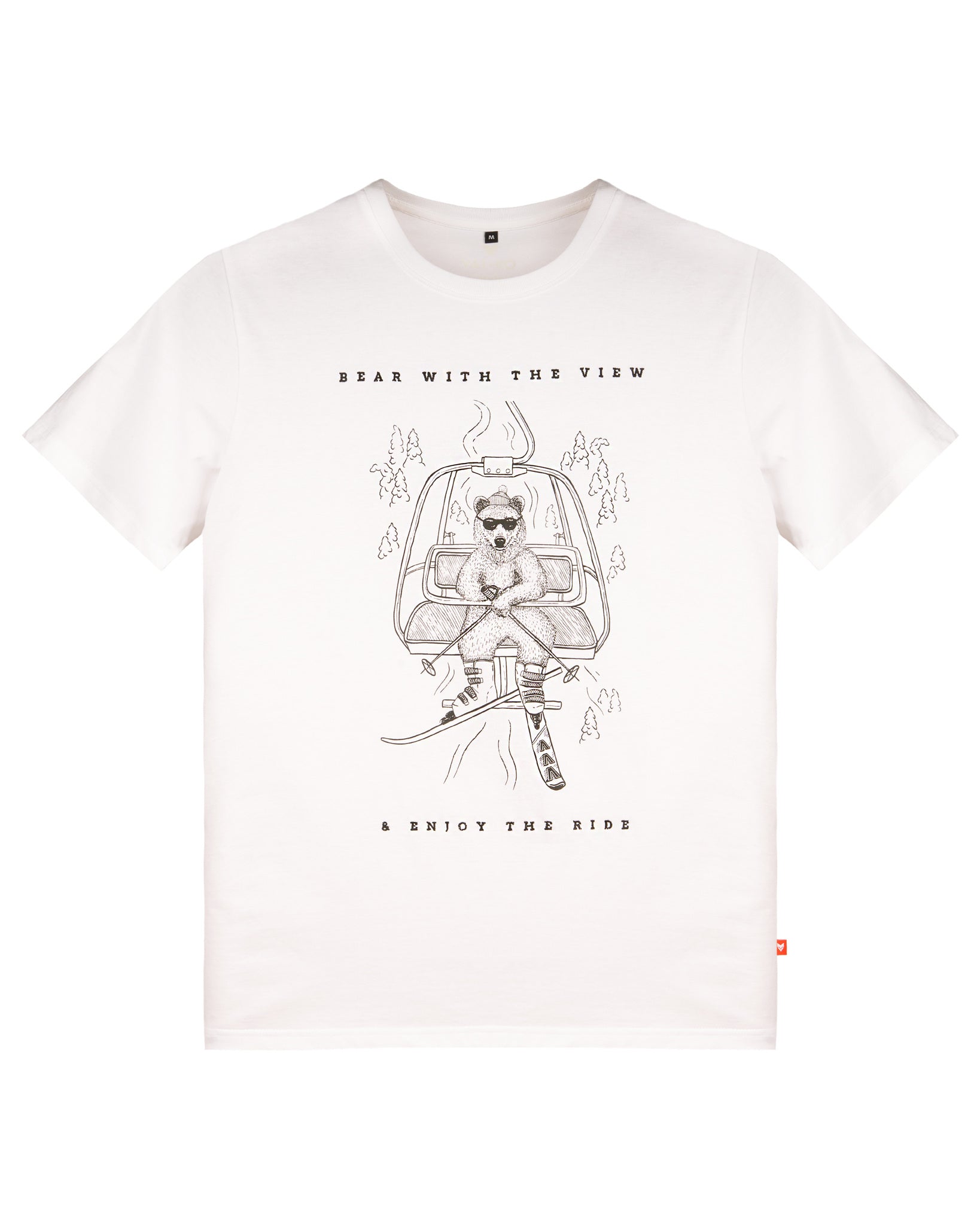 White t-shirt with a bear wearing sunglasses, sitting in a ski lift; text reads Bear with the view & enjoy the ride..