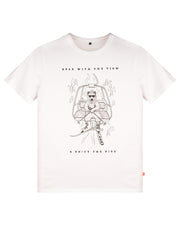 White t-shirt with a bear wearing sunglasses, sitting in a ski lift; text reads Bear with the view & enjoy the ride..
