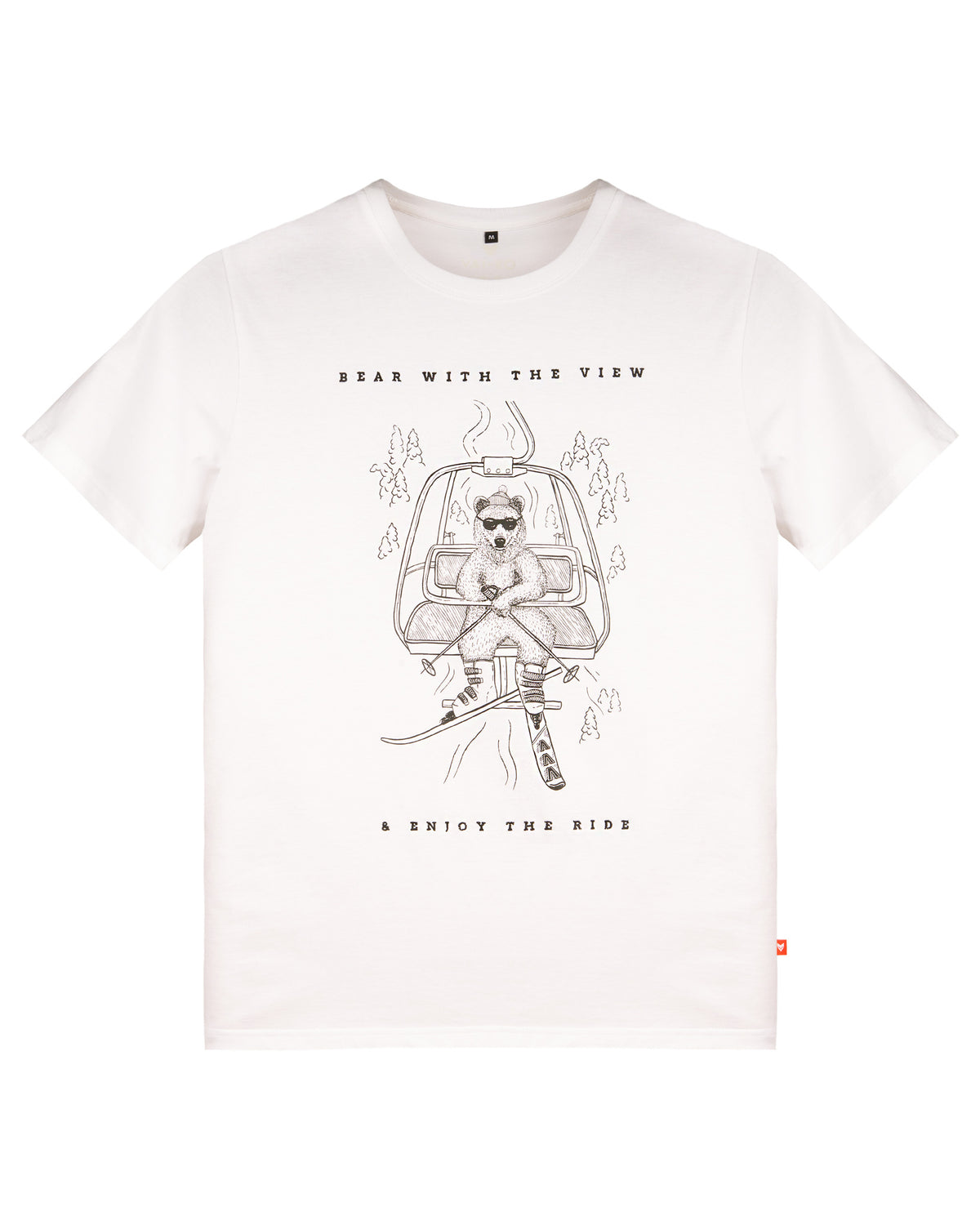 White t-shirt with a bear wearing sunglasses, sitting in a ski lift; text reads Bear with the view & enjoy the ride..