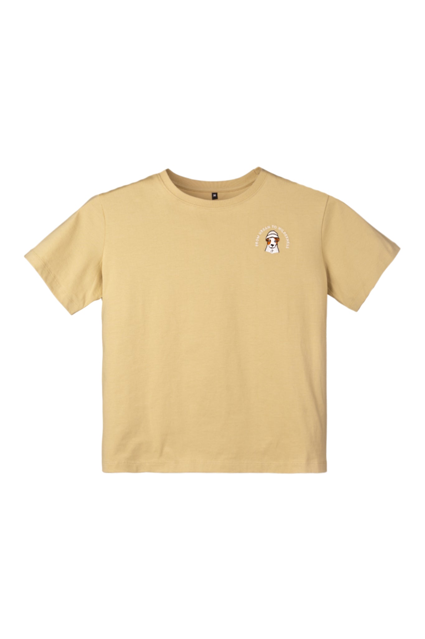 Beige short-sleeve t-shirt with a small graphic of a dog wearing sunglasses on the left chest.