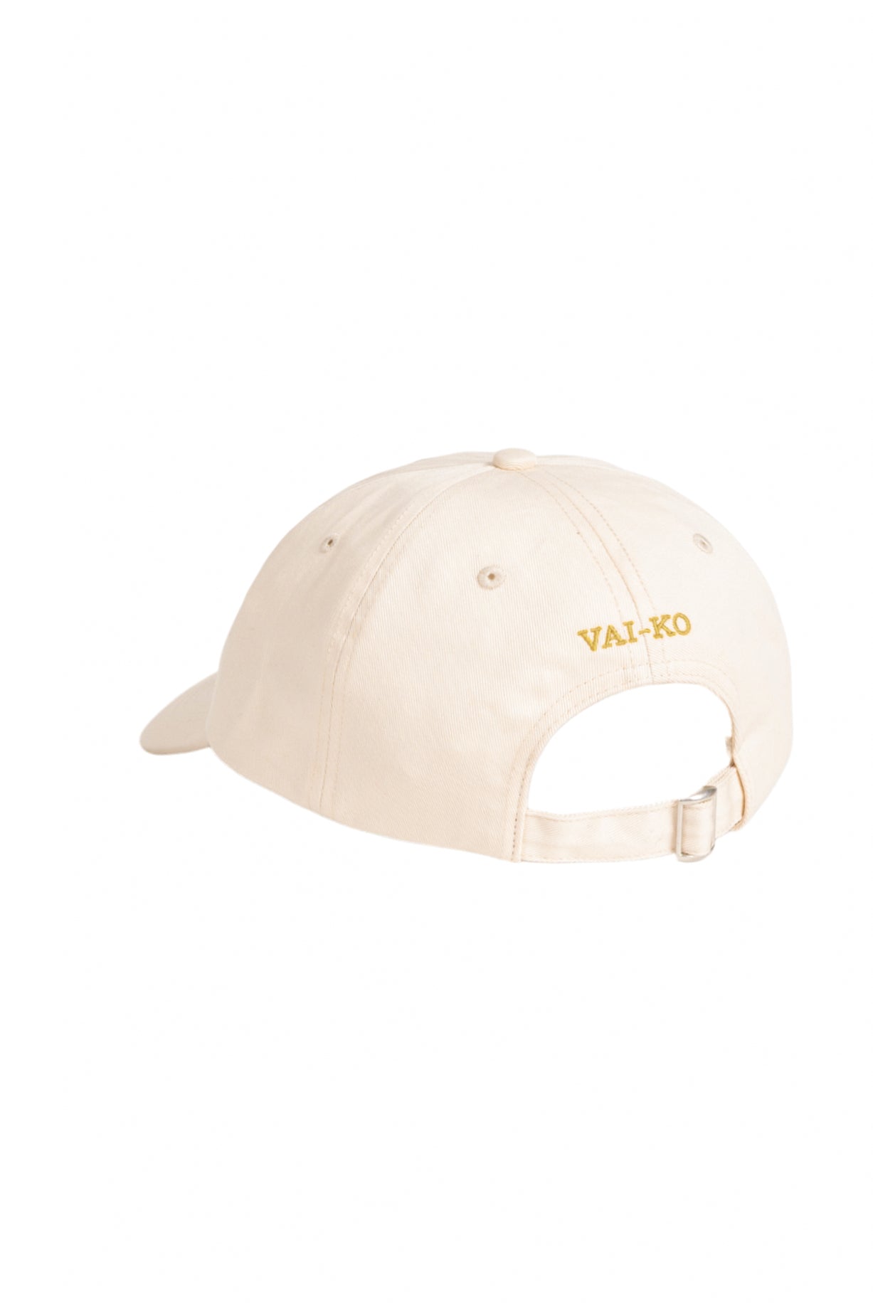 Beige baseball cap with VAL-KO embroidered in yellow on the back, adjustable strap visible.