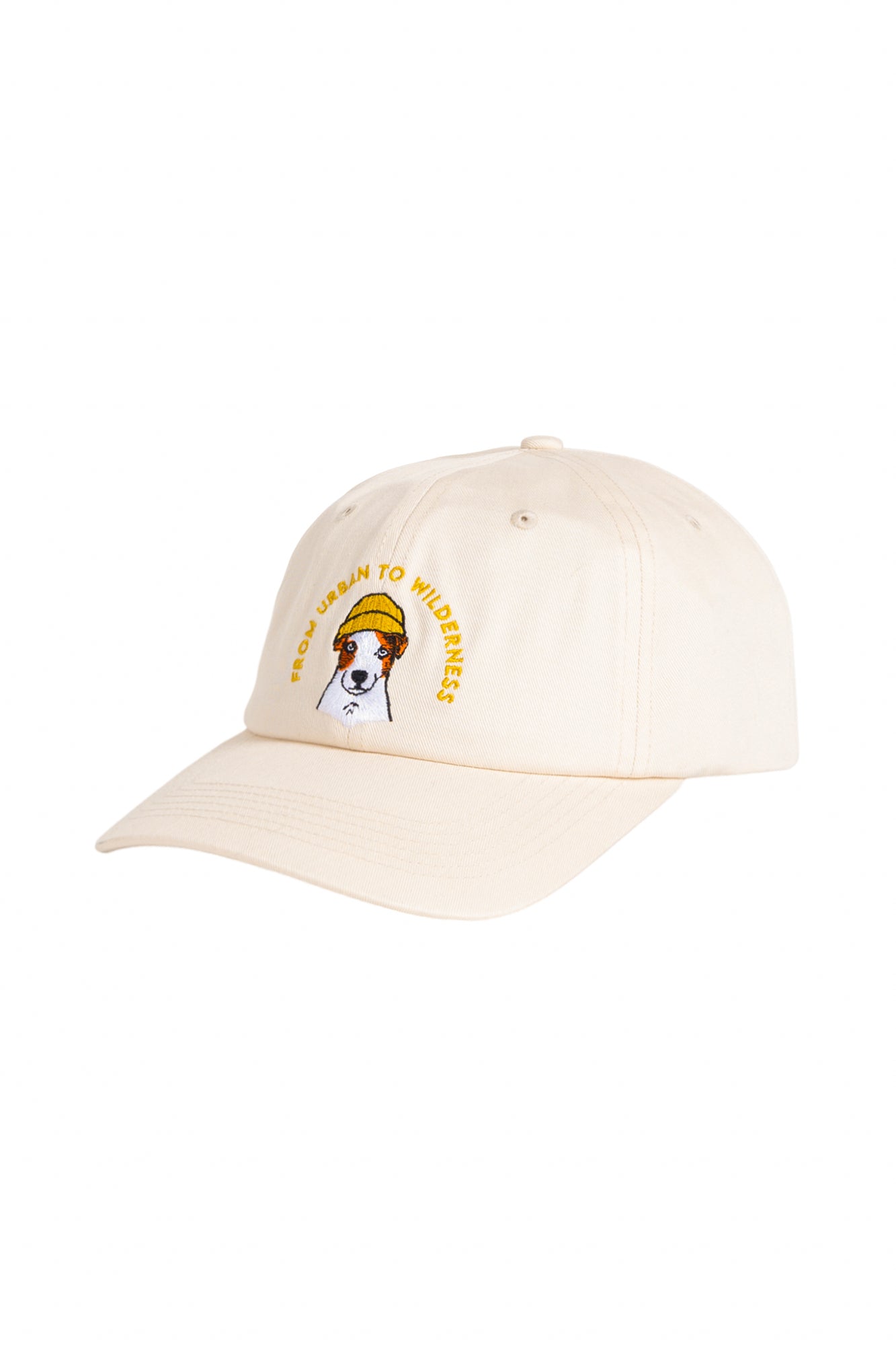 Beige baseball cap with an embroidered dog wearing sunglasses and text that reads TOO URBAN TO WILDERNESS.