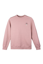 Light pink crewneck sweatshirt with a small, colorful embroidered design on the left chest.