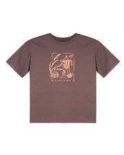 Brown t-shirt with a light orange coffee pot, cup, and plant illustration and le café et la nature text.