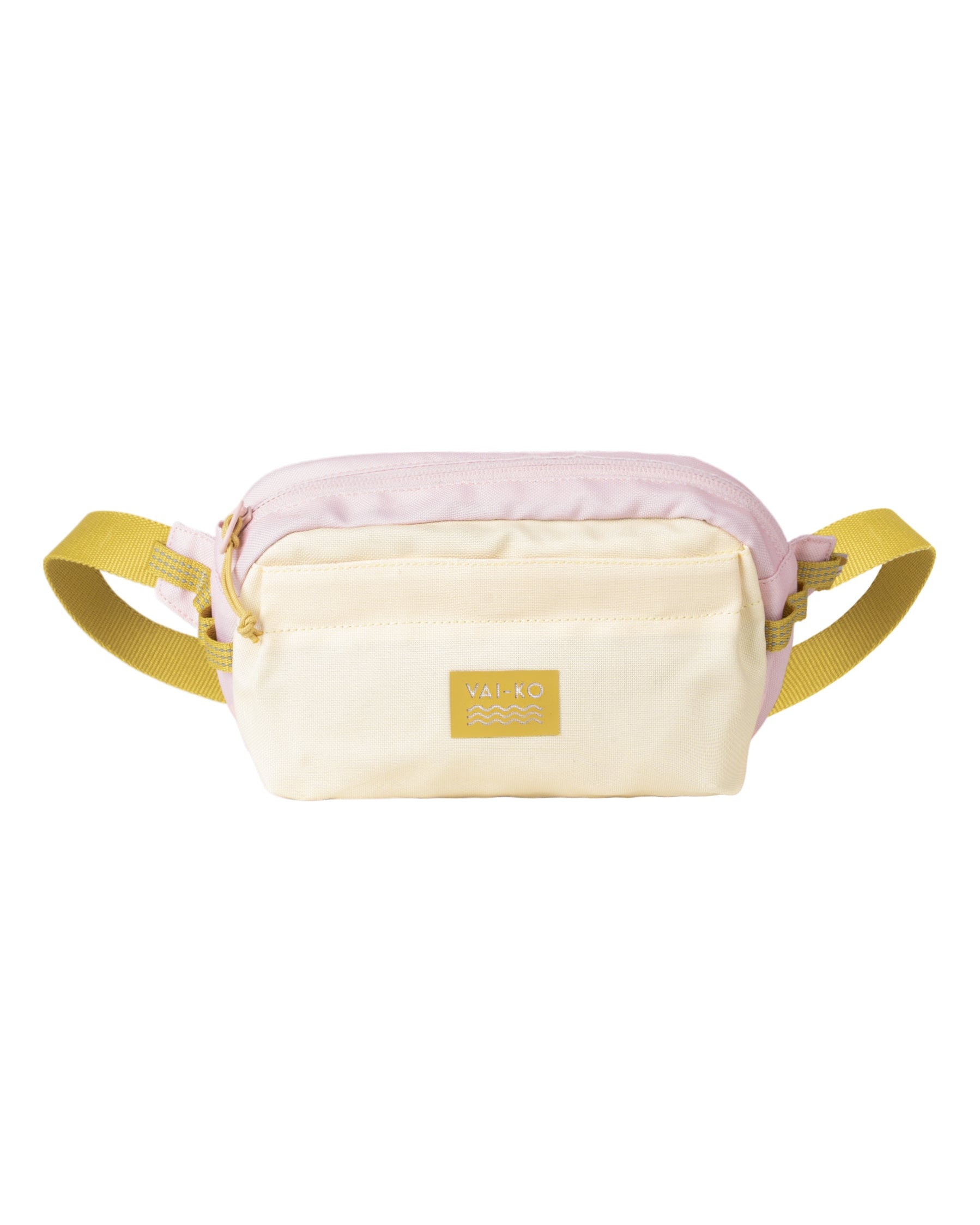 A pastel pink and cream waist bag with yellow straps and a front pocket, displayed on a white background.
