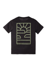 Black T-shirt with large geometric sun graphic and text reading “FROM THE LAND OF THE MIDNIGHT SUN AT 60 12 37 OF.”.