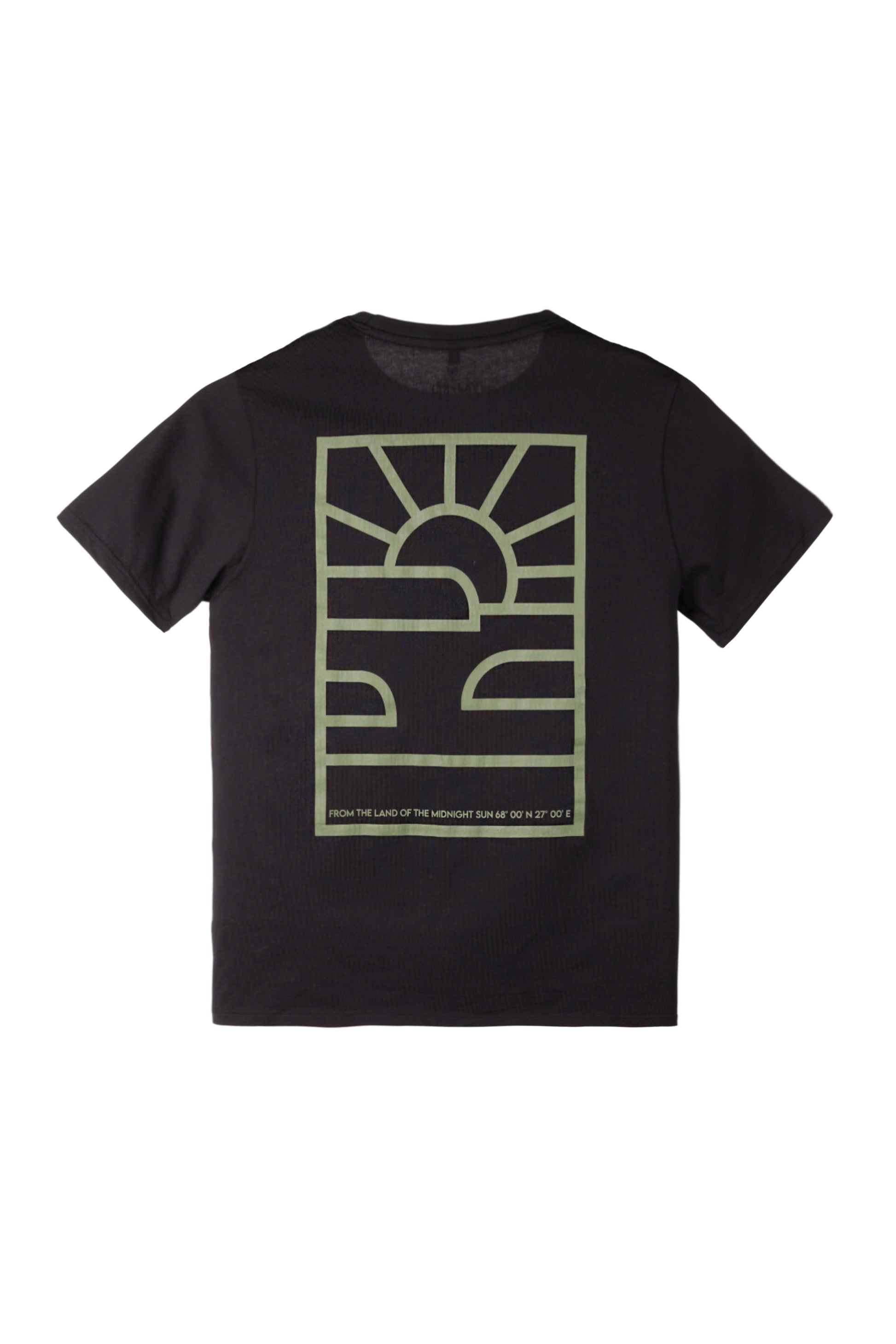 Black T-shirt with large geometric sun graphic and text reading “FROM THE LAND OF THE MIDNIGHT SUN AT 60 12 37 OF.”.