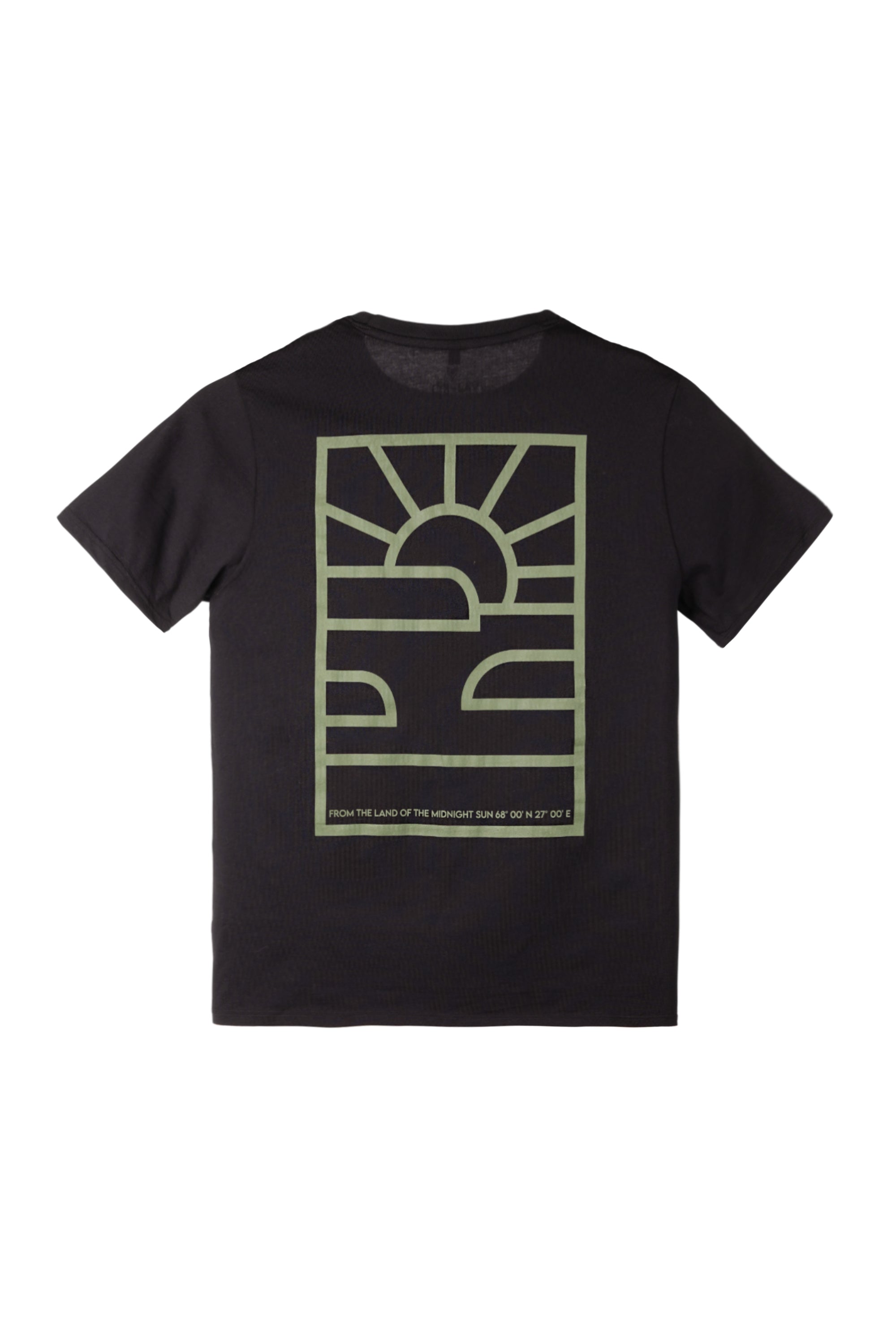 Black T-shirt with large geometric sun graphic and text reading “FROM THE LAND OF THE MIDNIGHT SUN AT 60 12 37 OF.”.