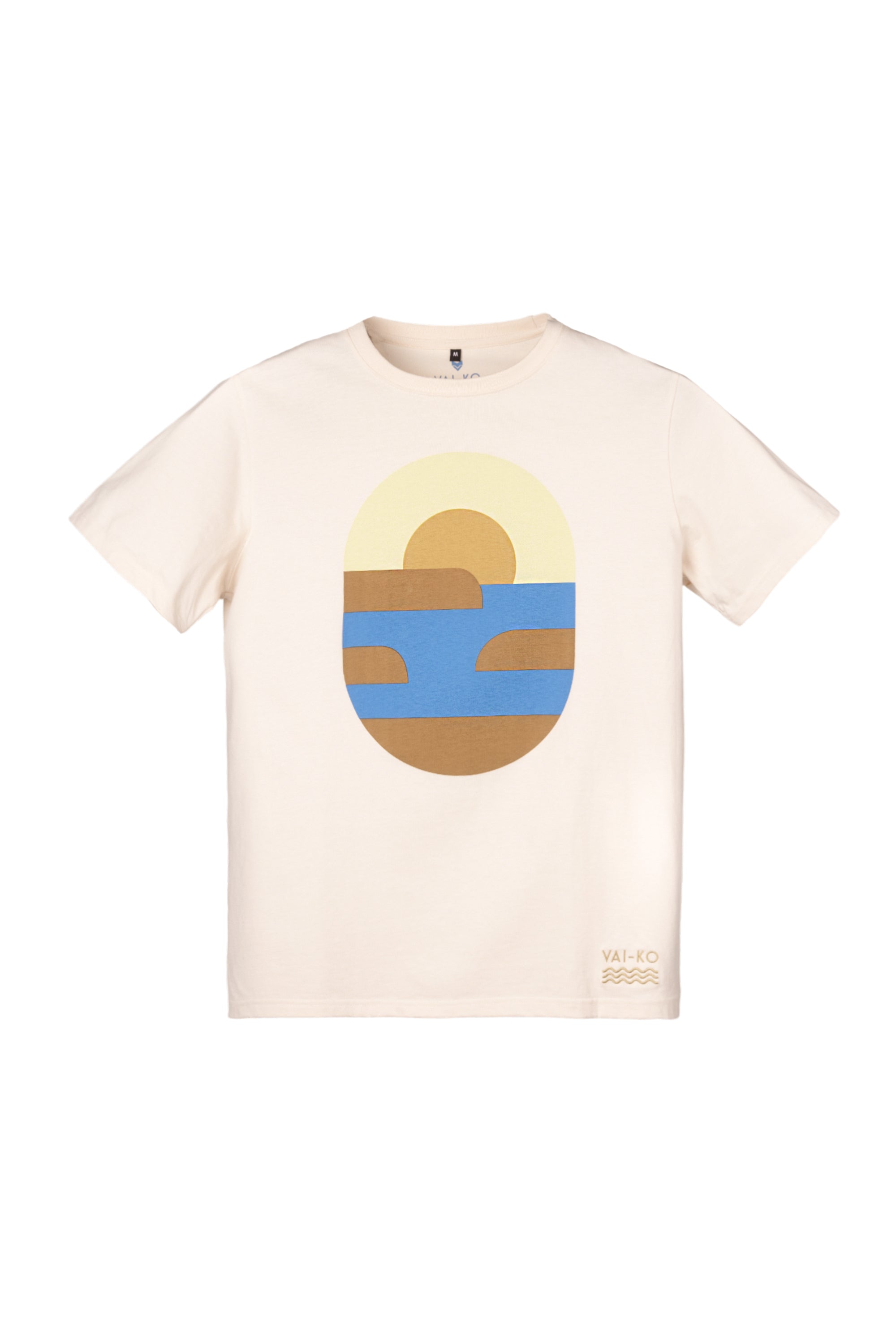 Beige t-shirt with a stylized graphic of a sunset over water in yellow, blue, and brown tones.