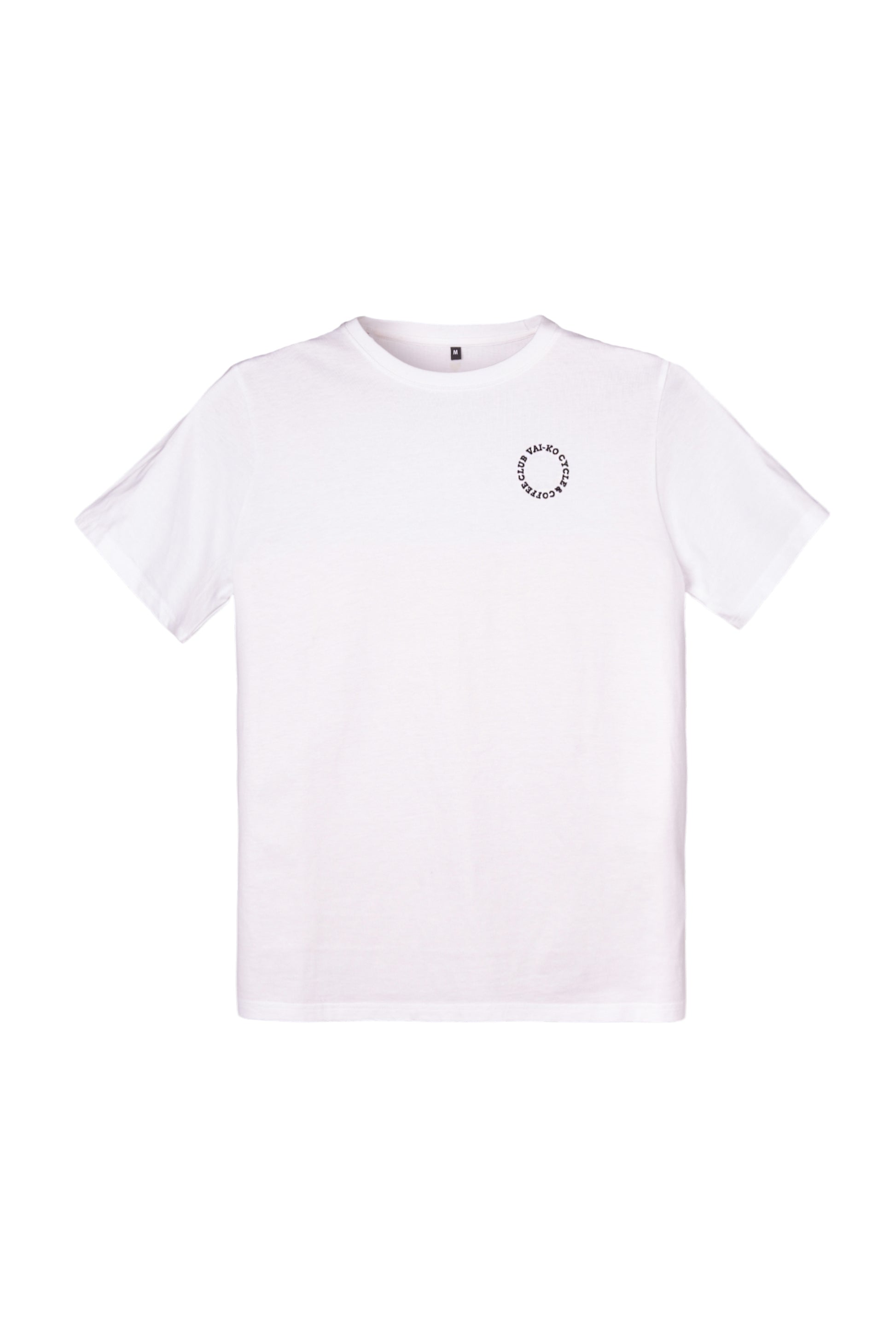 Plain white short-sleeve t-shirt with a small circular logo near the left chest area.