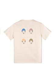 Beige t-shirt with four sketches of a dog wearing different colored hats on the back.