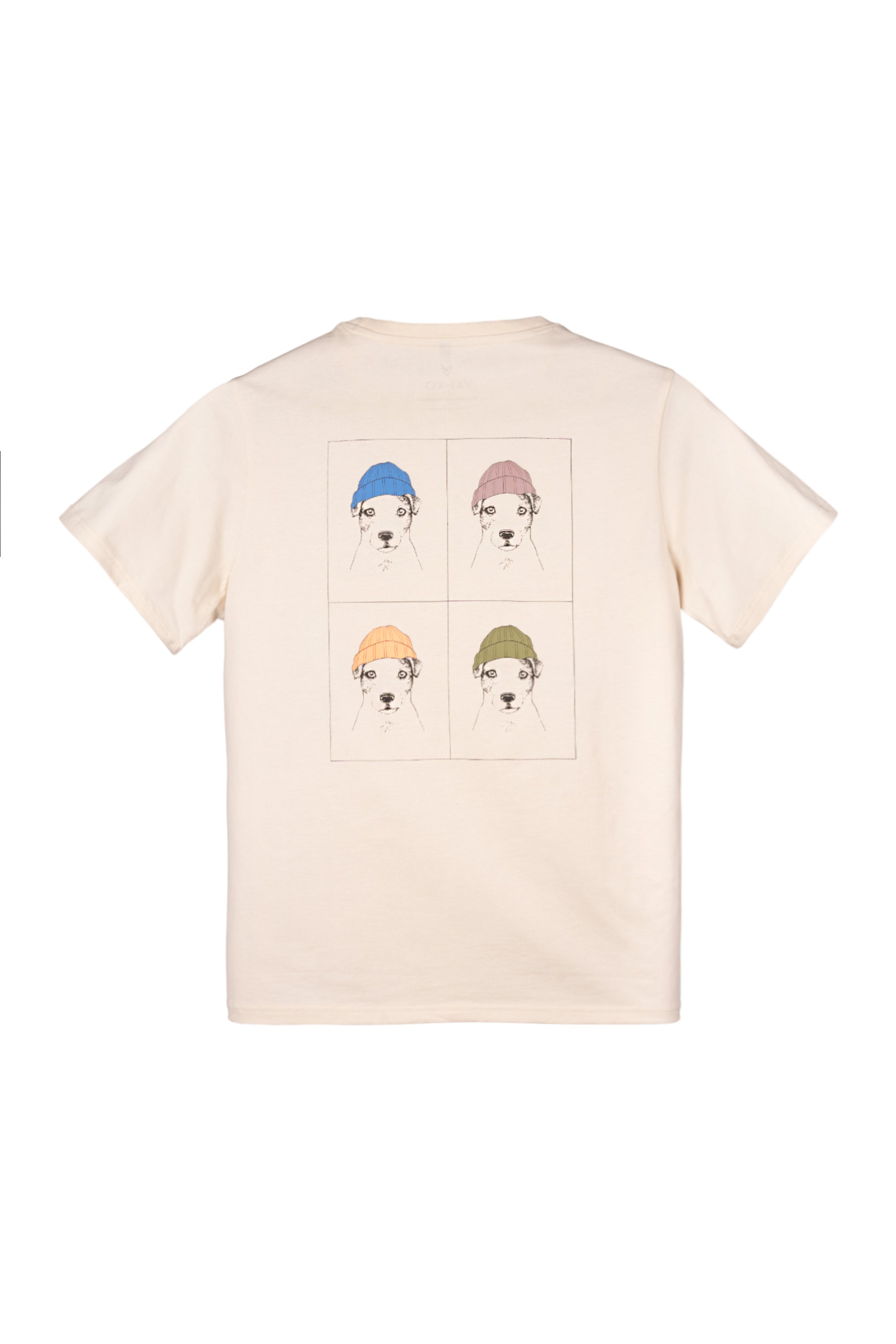 Beige t-shirt with four sketches of a dog wearing different colored hats on the back.