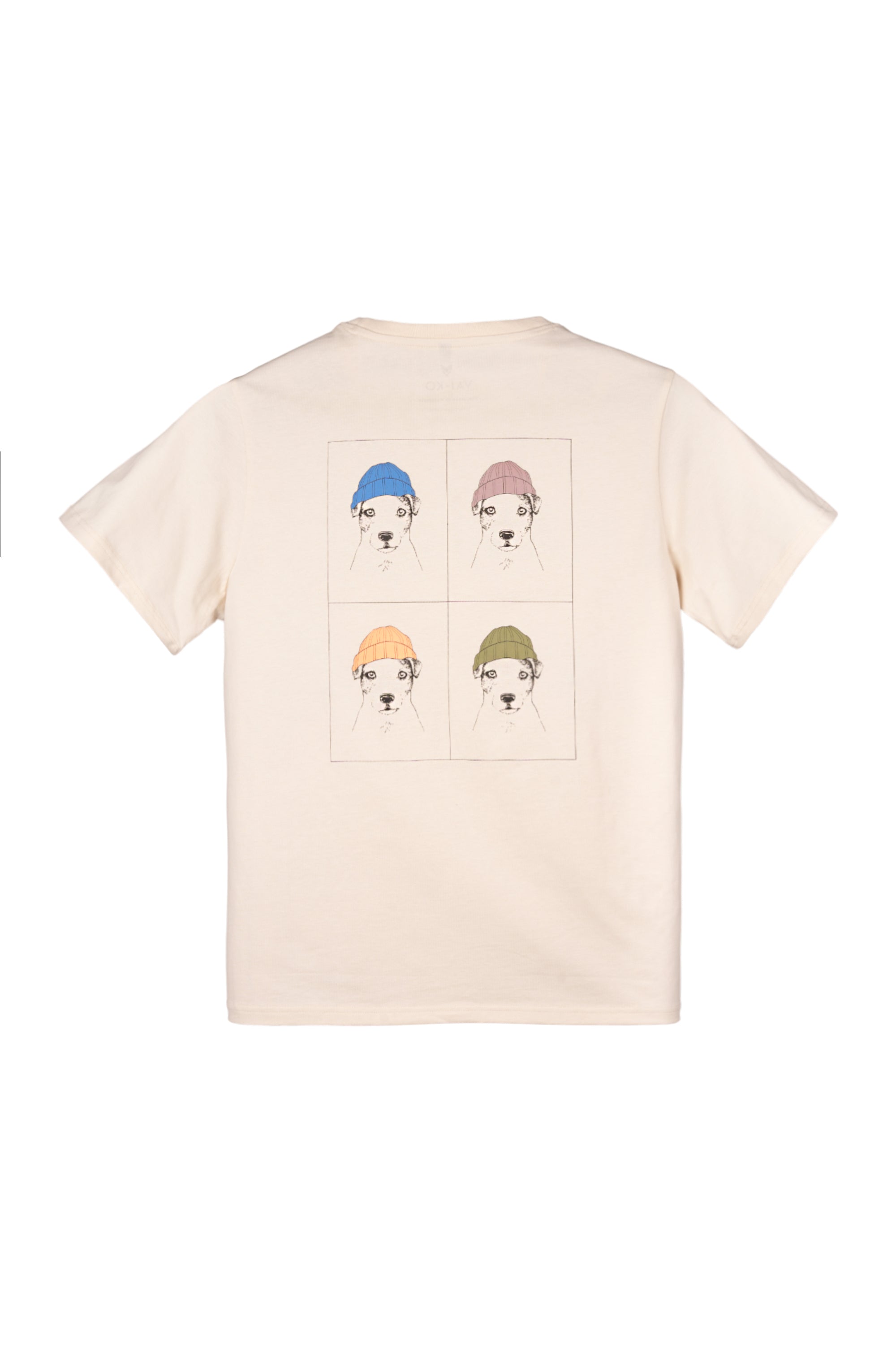 Beige t-shirt with four sketches of a dog wearing different colored hats on the back.