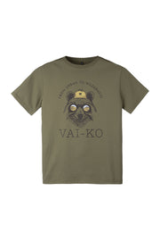 Olive green t-shirt with a bear wearing glasses and a cap, and text FROM URBAN TO WILDERNESS VAI-KO.