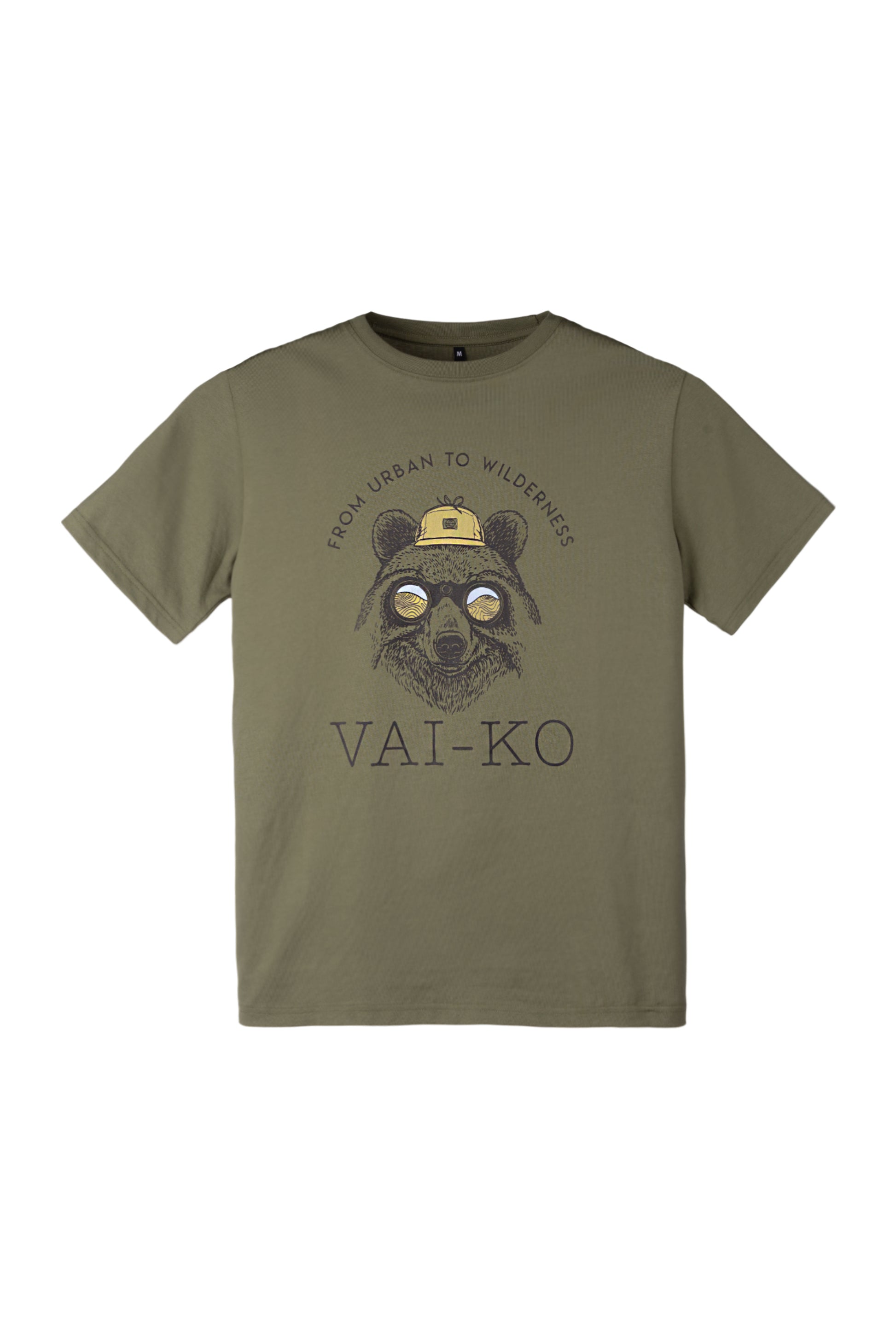 Olive green t-shirt with a bear wearing glasses and a cap, and text FROM URBAN TO WILDERNESS VAI-KO.
