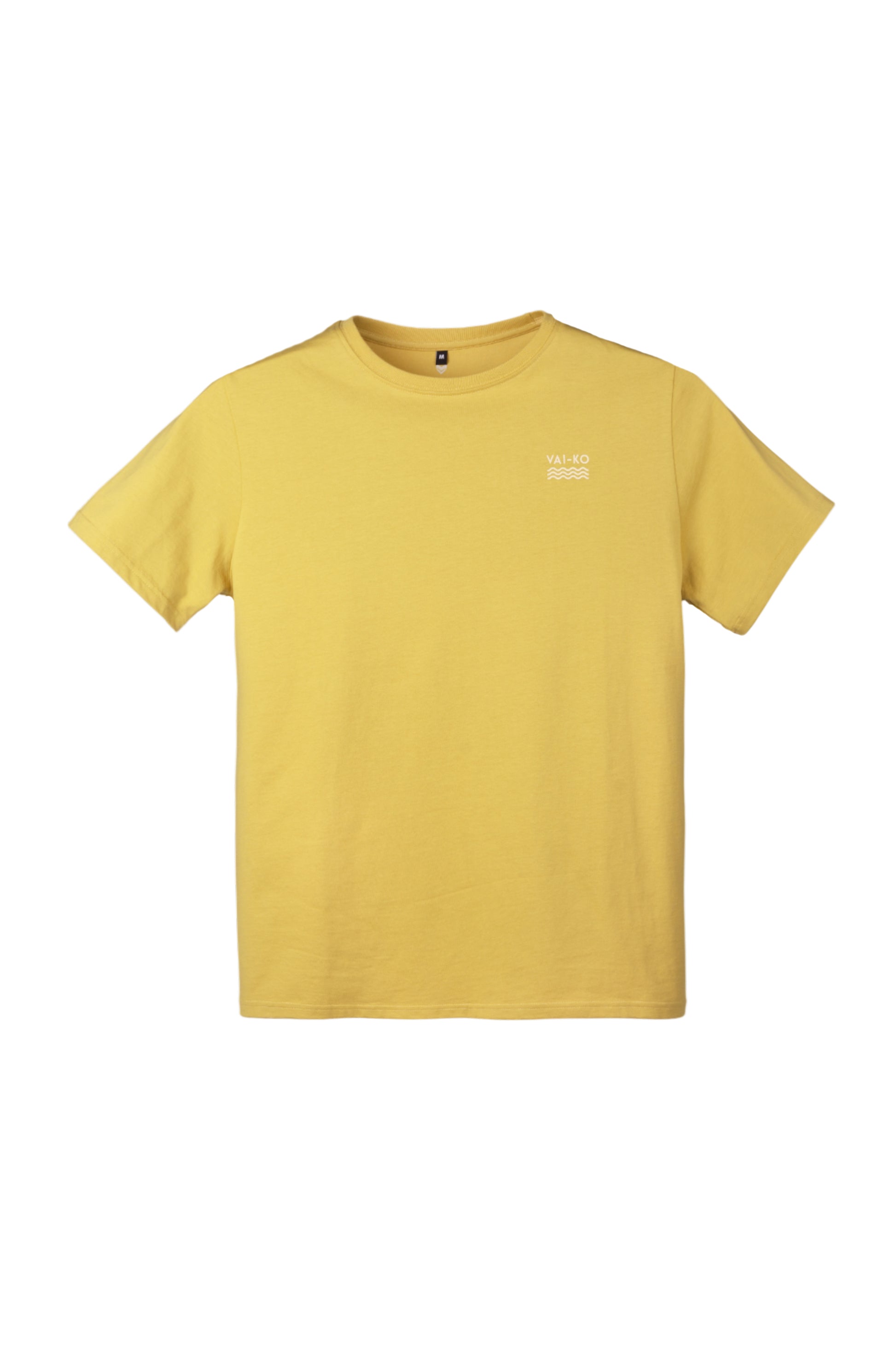 Yellow short-sleeved t-shirt with a small white logo on the left chest, displayed on a plain background.