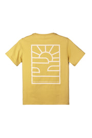 Yellow t-shirt with a white geometric sunrise graphic and text on the back.