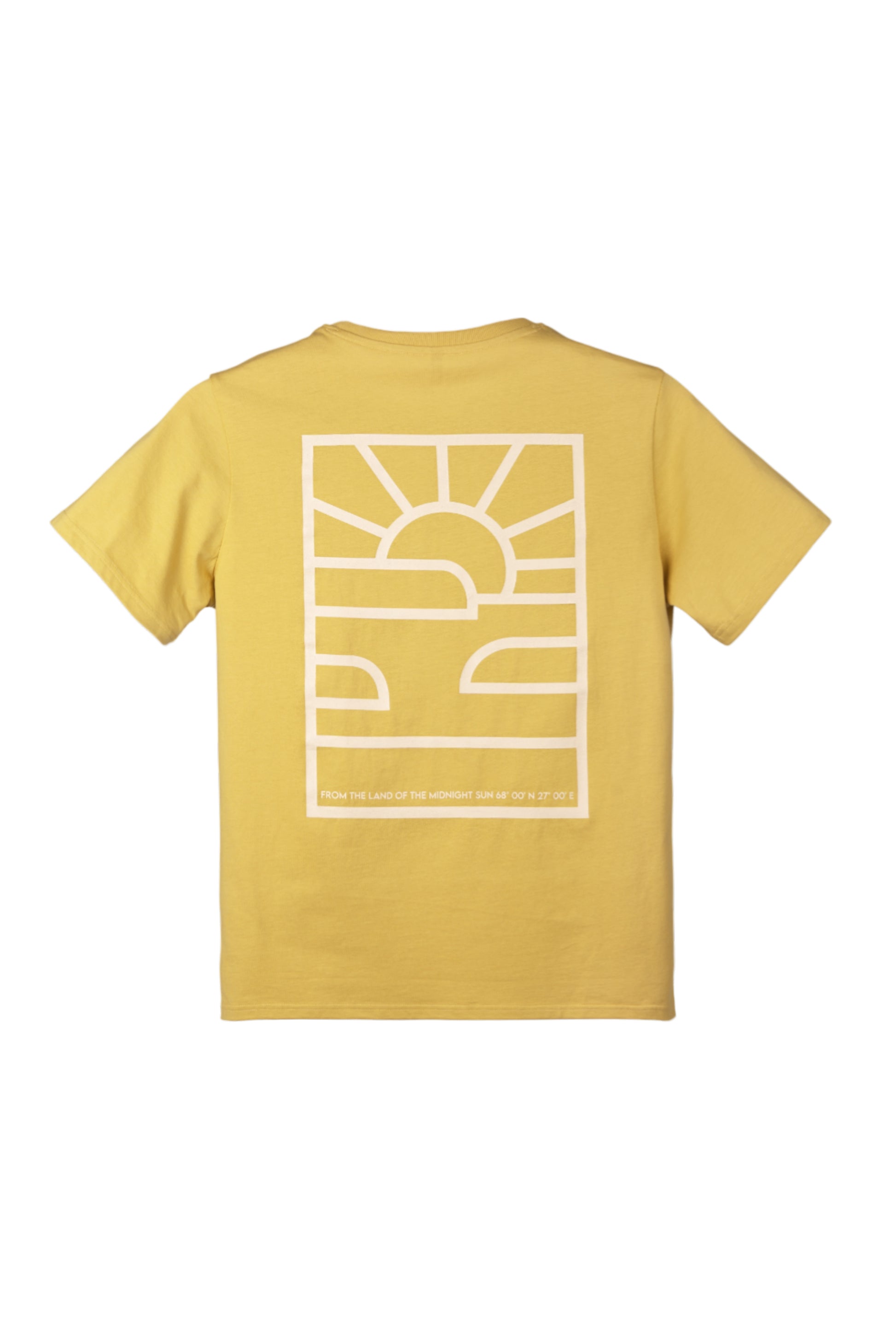 Yellow t-shirt with a white geometric sunrise graphic and text on the back.