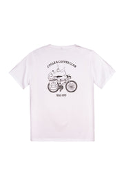White T-shirt with a black line drawing of a bike, coffee cup, and text Cycle & Coffee Club, VAI-KO on the back.