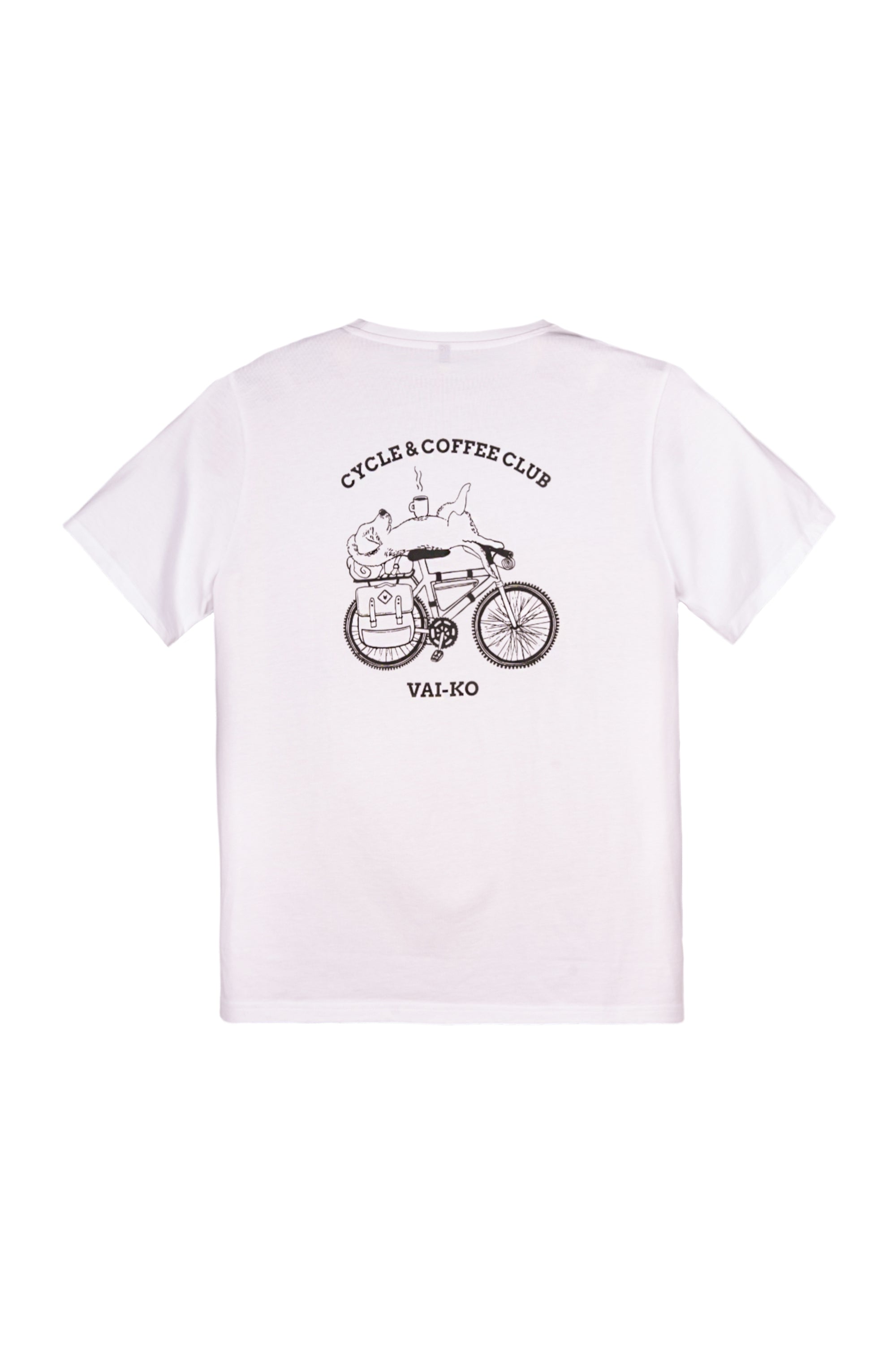 White T-shirt with a black line drawing of a bike, coffee cup, and text Cycle & Coffee Club, VAI-KO on the back.