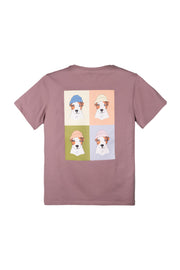 Mauve t-shirt with four illustrated dogs in different colored hats printed on the back in a pop art style.