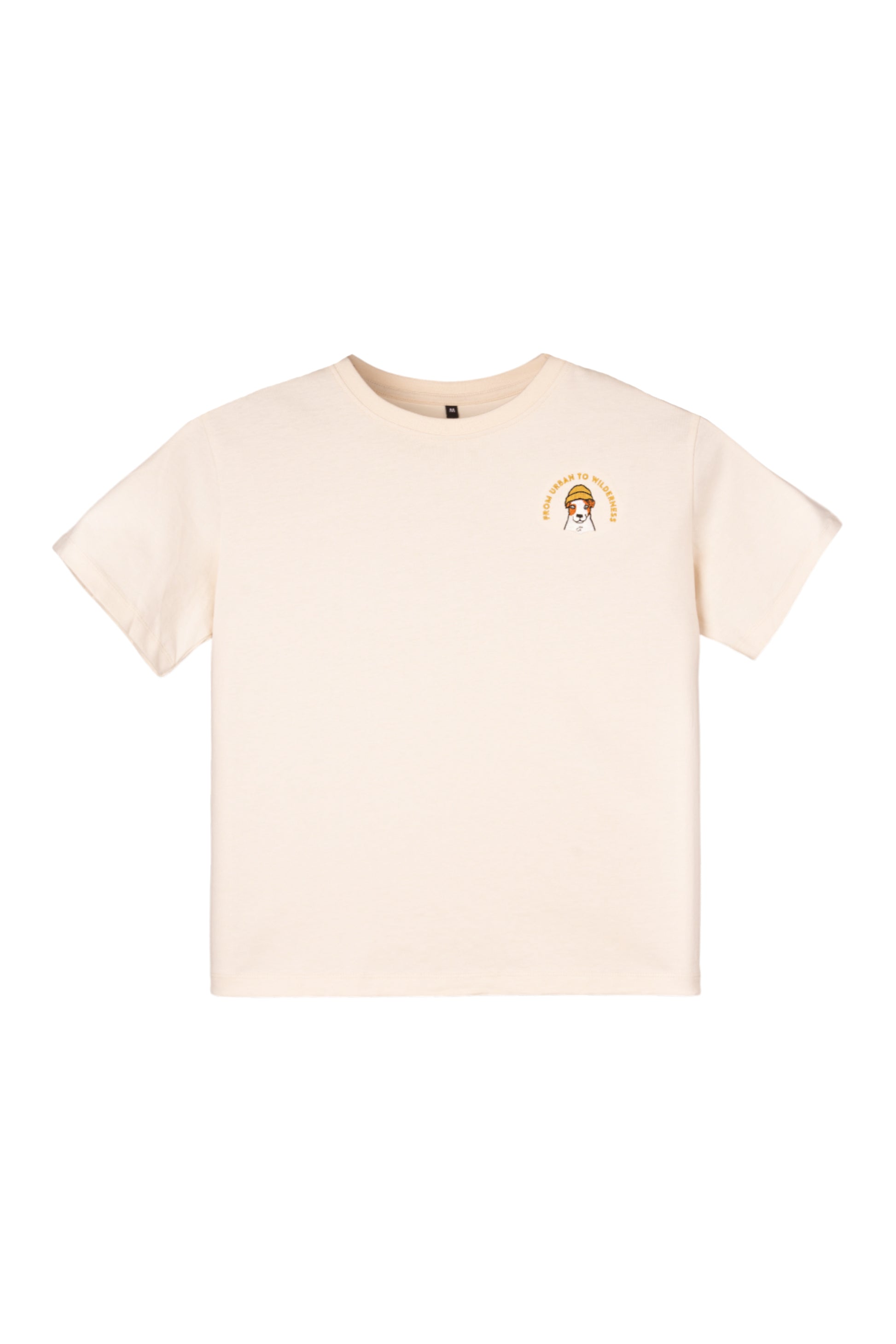 Cream-colored t-shirt with a small graphic of a dog and yellow text on the upper left chest area.
