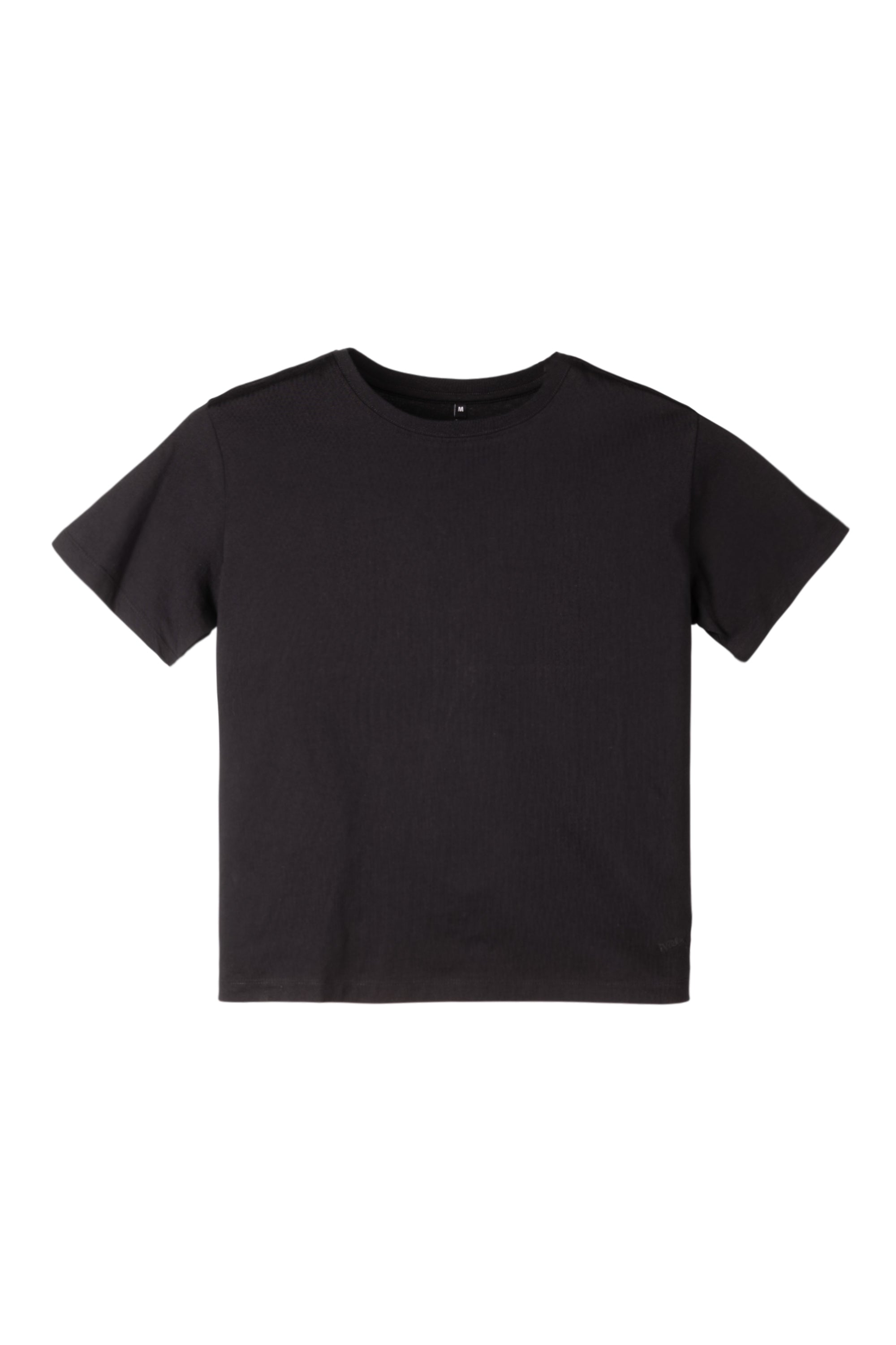 Plain black short-sleeve t-shirt displayed on a white background.