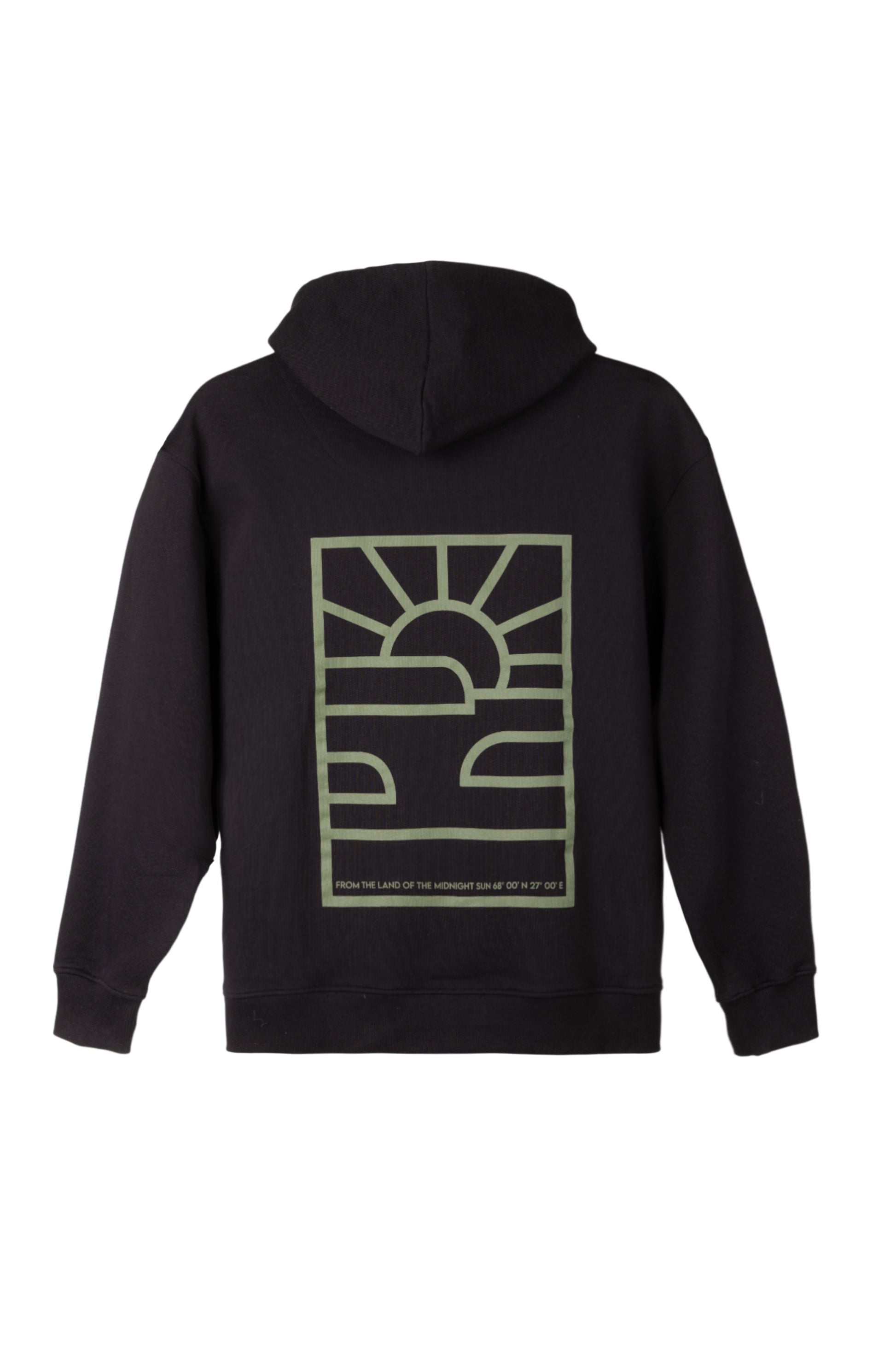 Black hoodie with a large green sunrise graphic and text on the back.