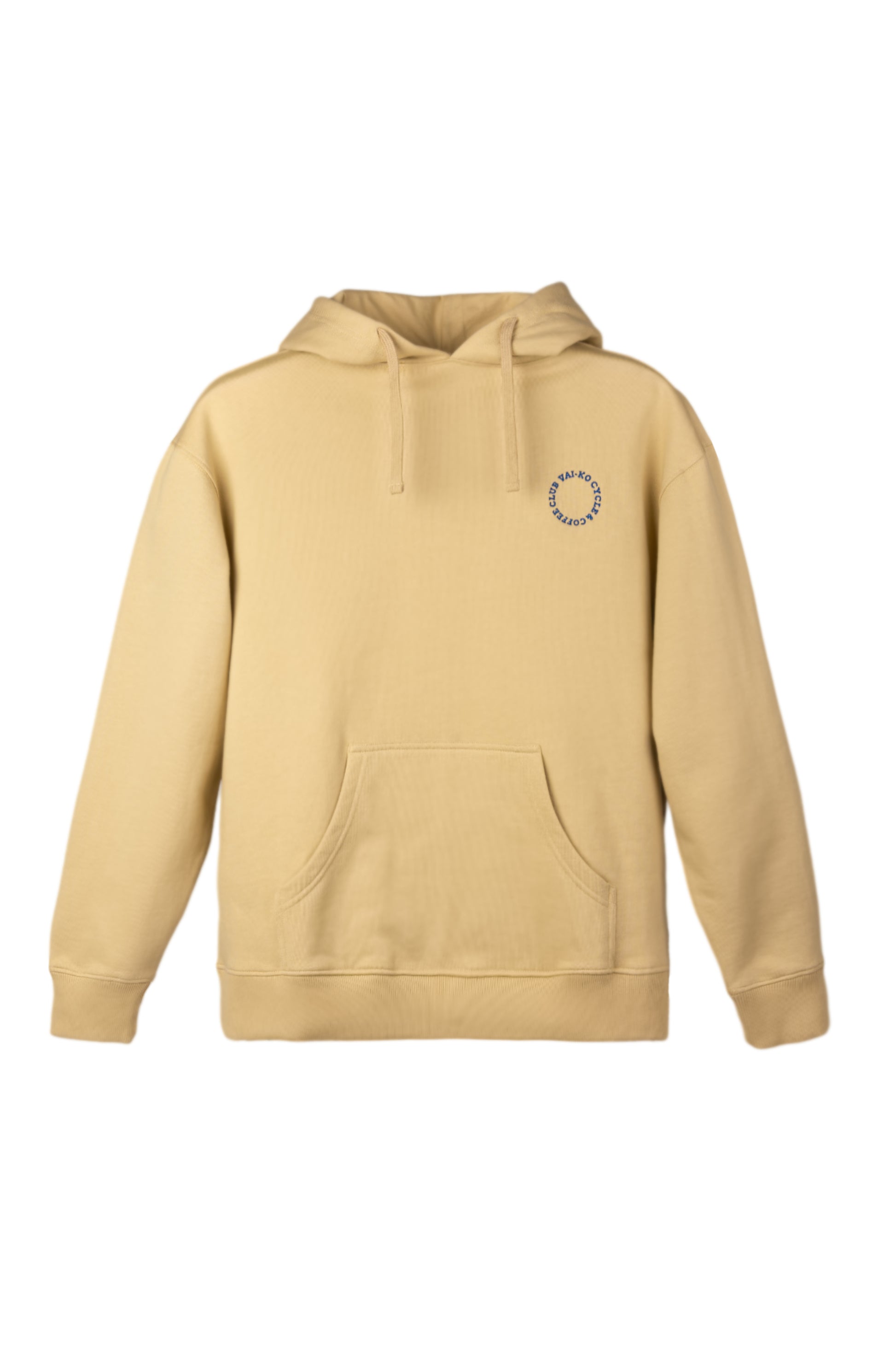 Beige hooded sweatshirt with front pocket and small circular logo on the left chest.