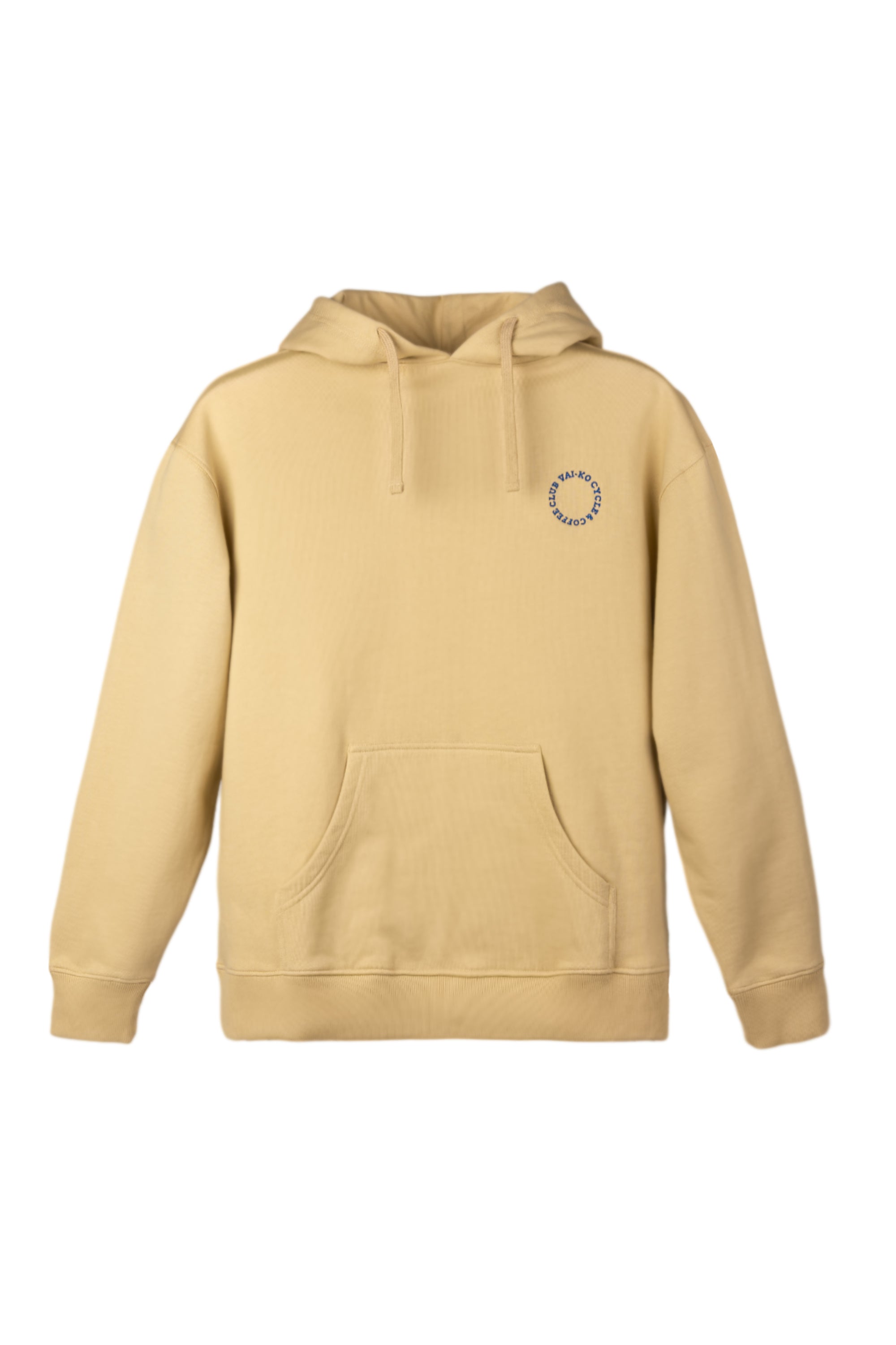 Beige hooded sweatshirt with front pocket and small circular logo on the left chest.