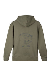 Olive green hoodie with a fish and fly fishing graphic, and the text VAI-KO on the back.