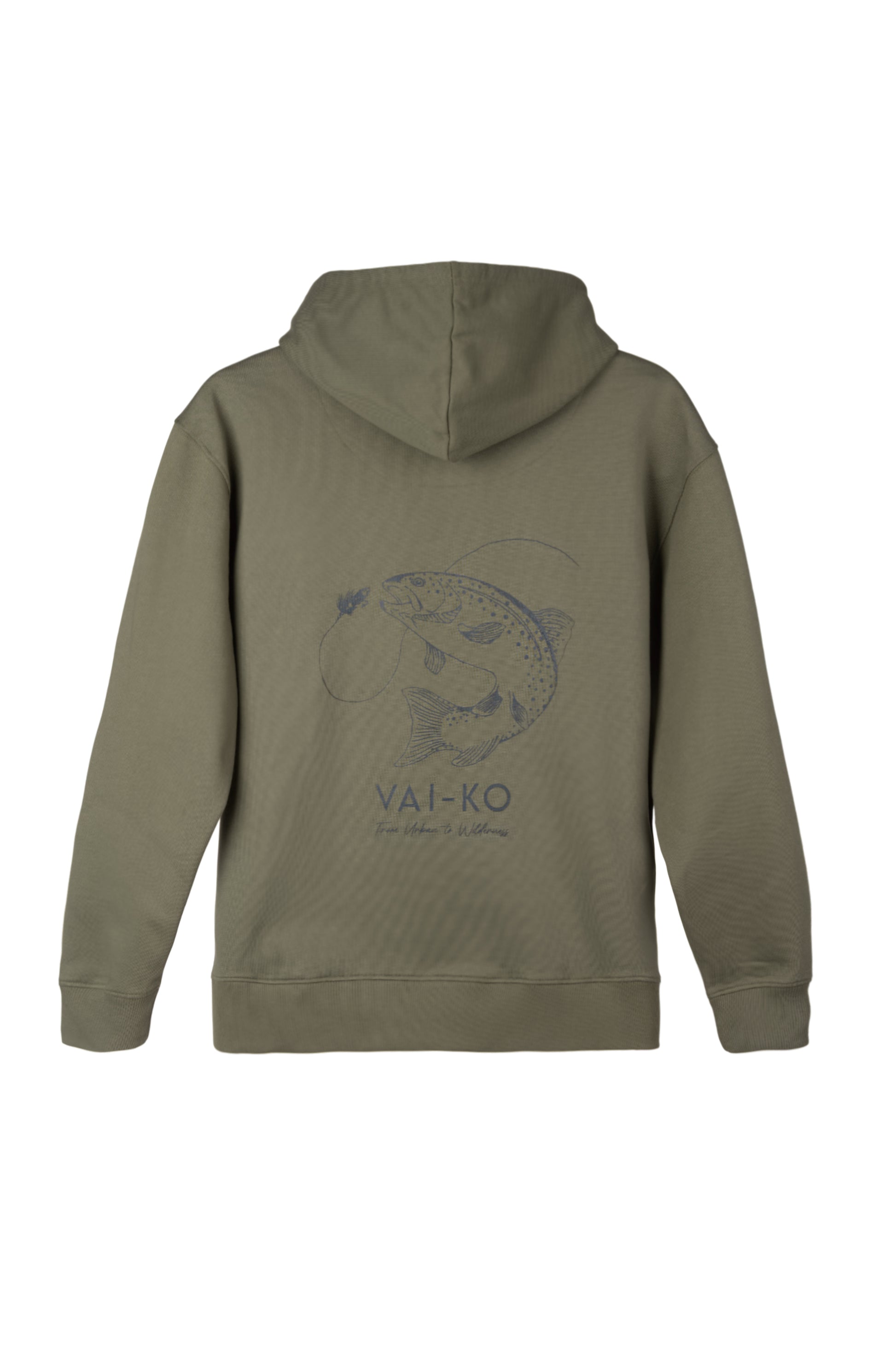 Olive green hoodie with a fish and fly fishing graphic, and the text VAI-KO on the back.