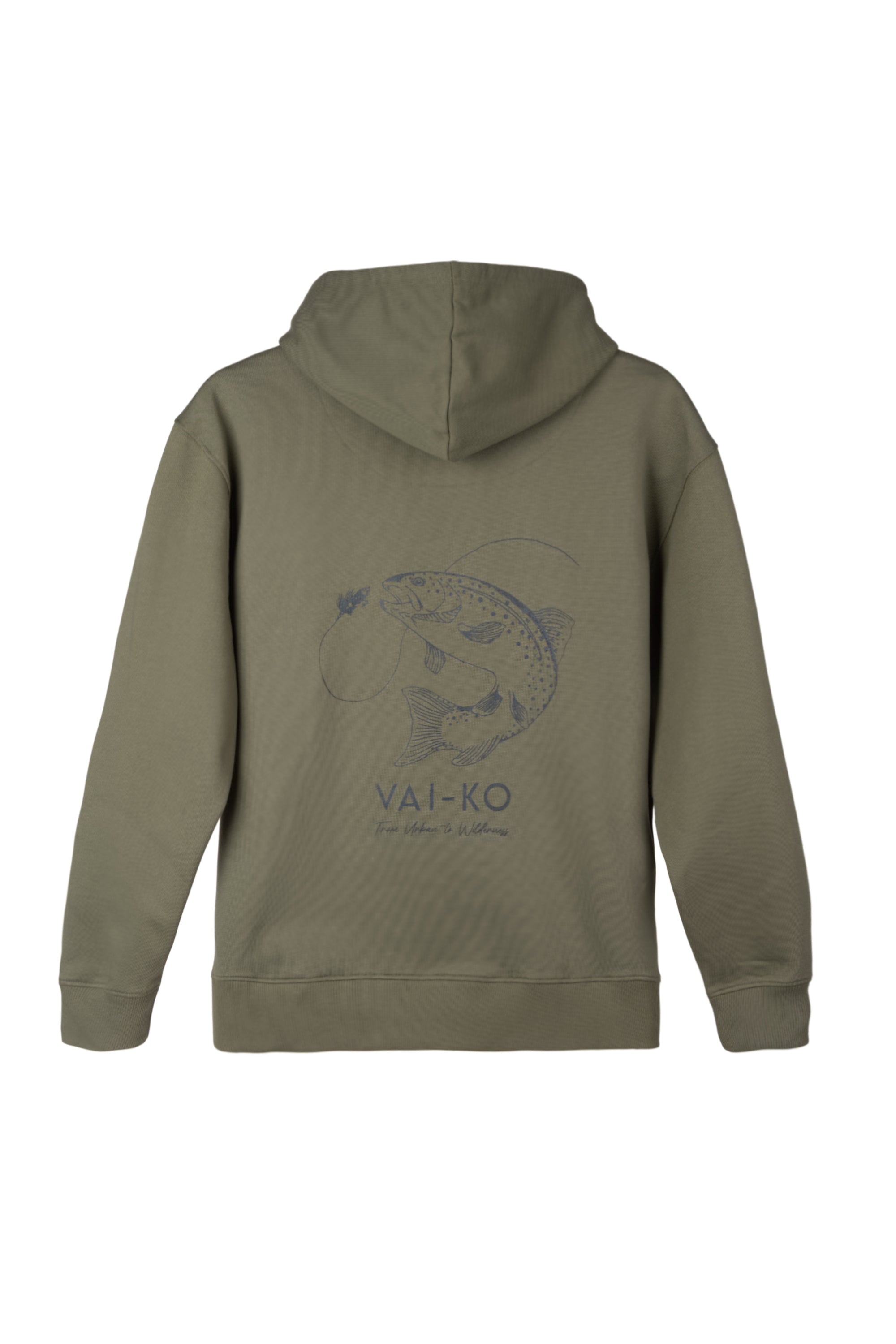 Olive green hoodie with a fish and fly fishing graphic, and the text VAI-KO on the back.