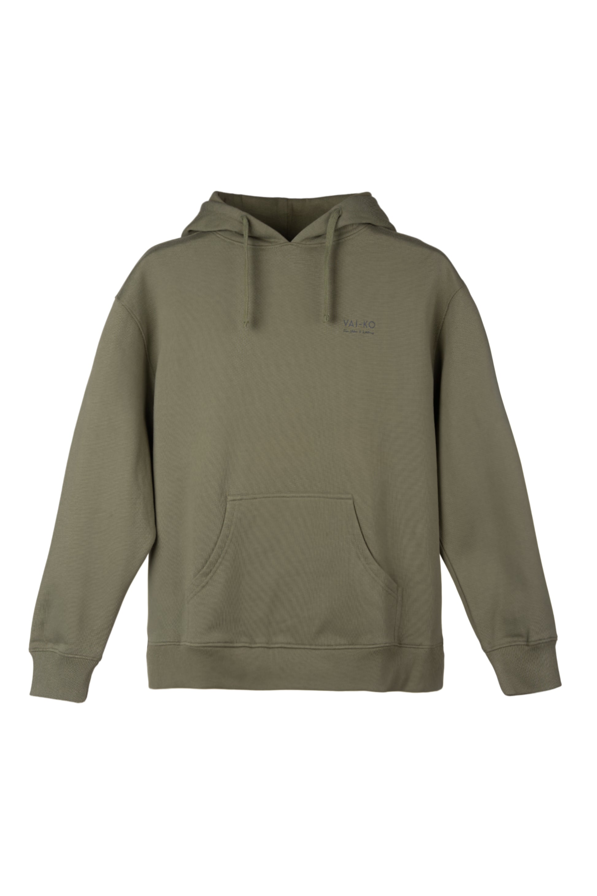 A plain olive green hoodie with a front pocket and drawstring hood, displayed on a white background.