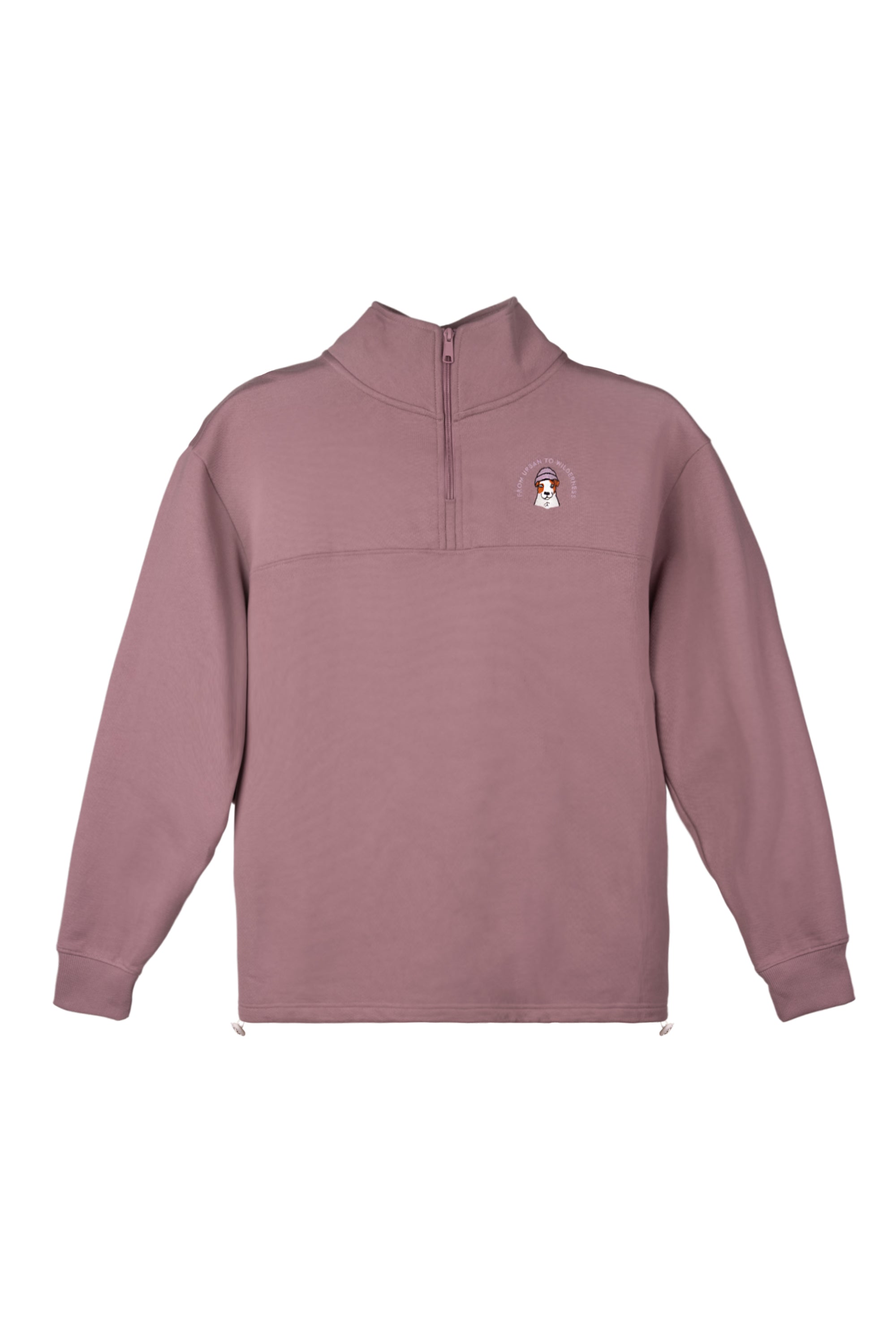 Mauve quarter-zip pullover with a small embroidered graphic on the left chest.
