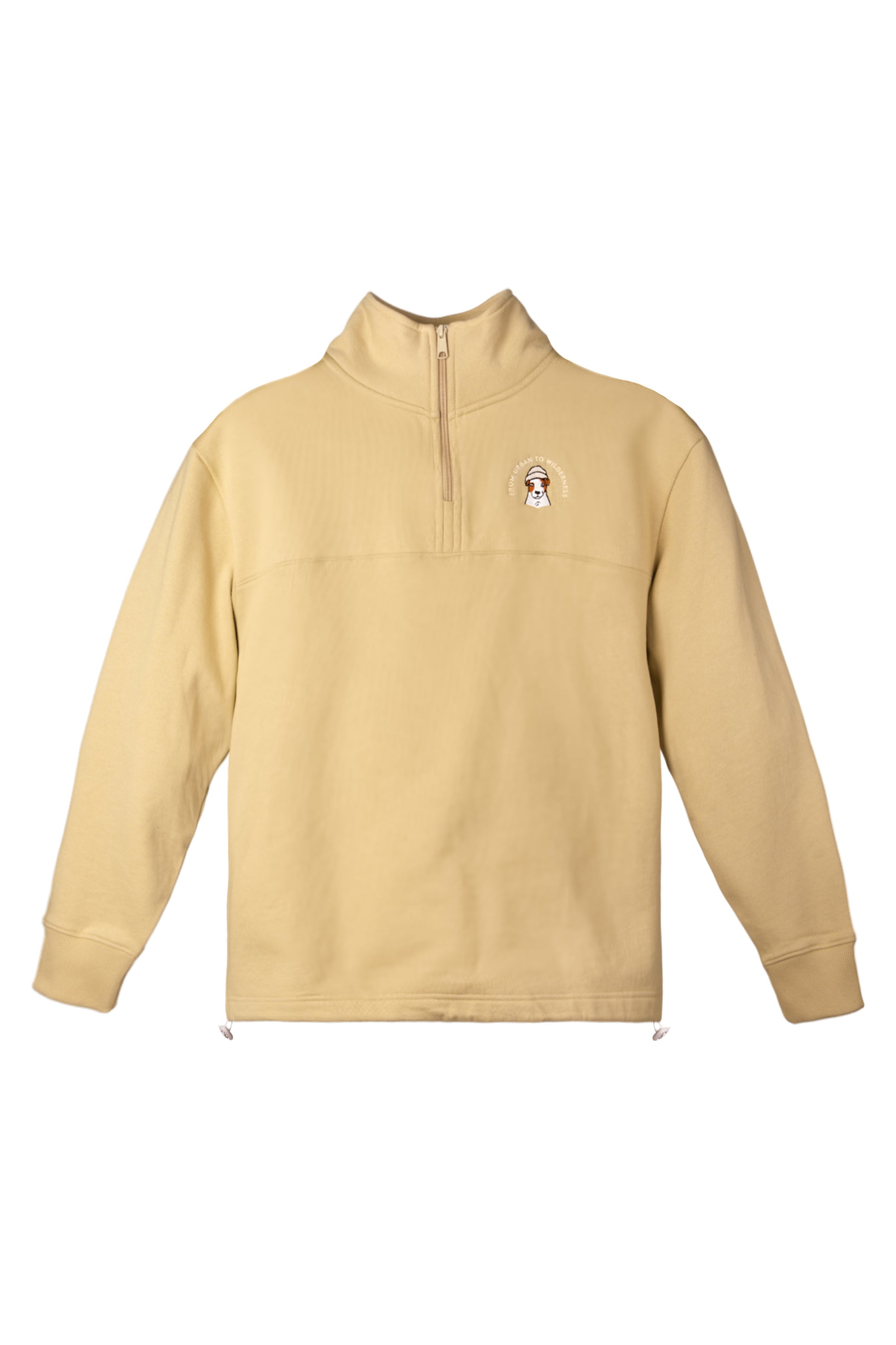 Beige quarter-zip pullover with a small embroidered dog logo on the left chest.