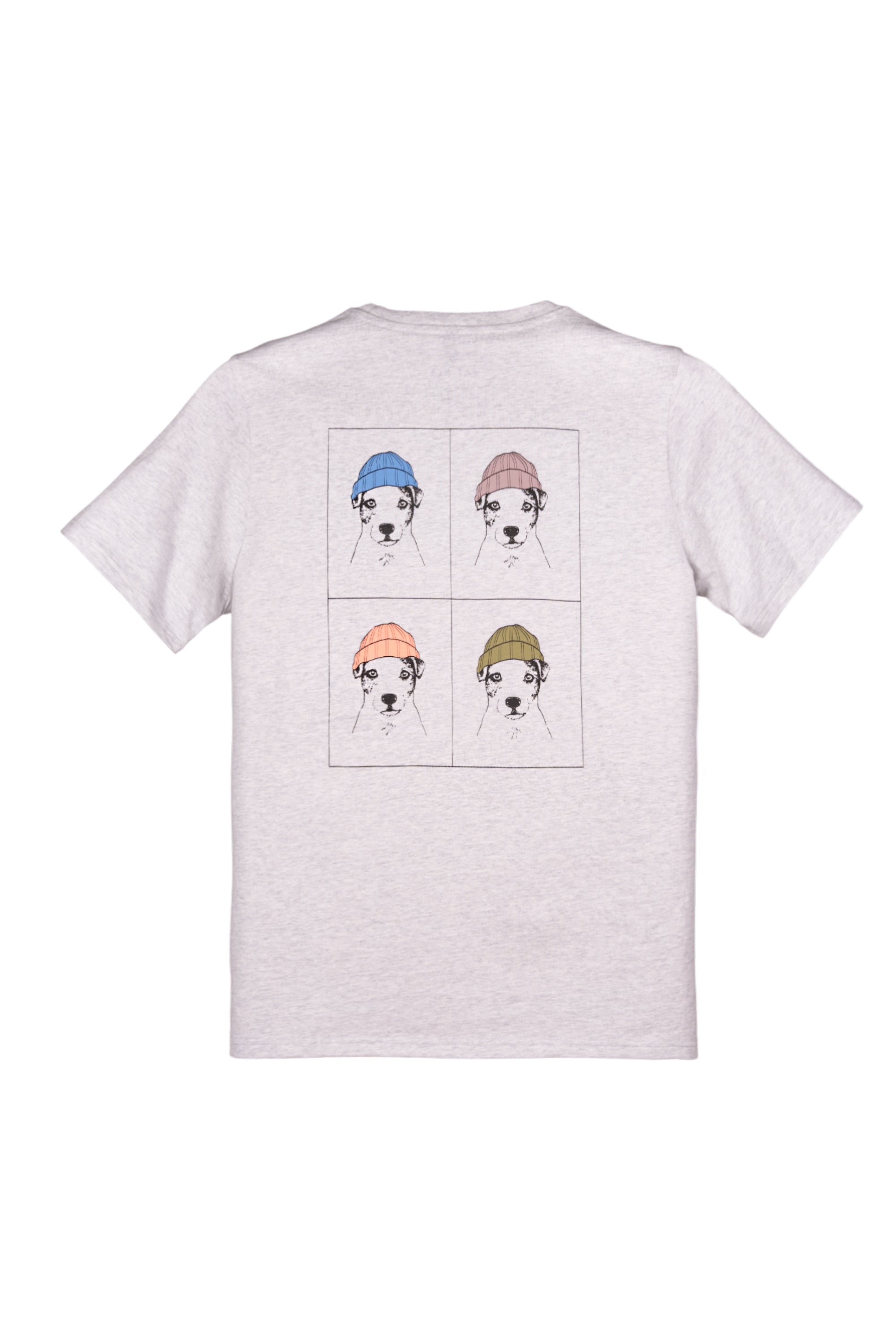 Light gray t-shirt with four sketched dogs wearing colorful hats printed on the back.