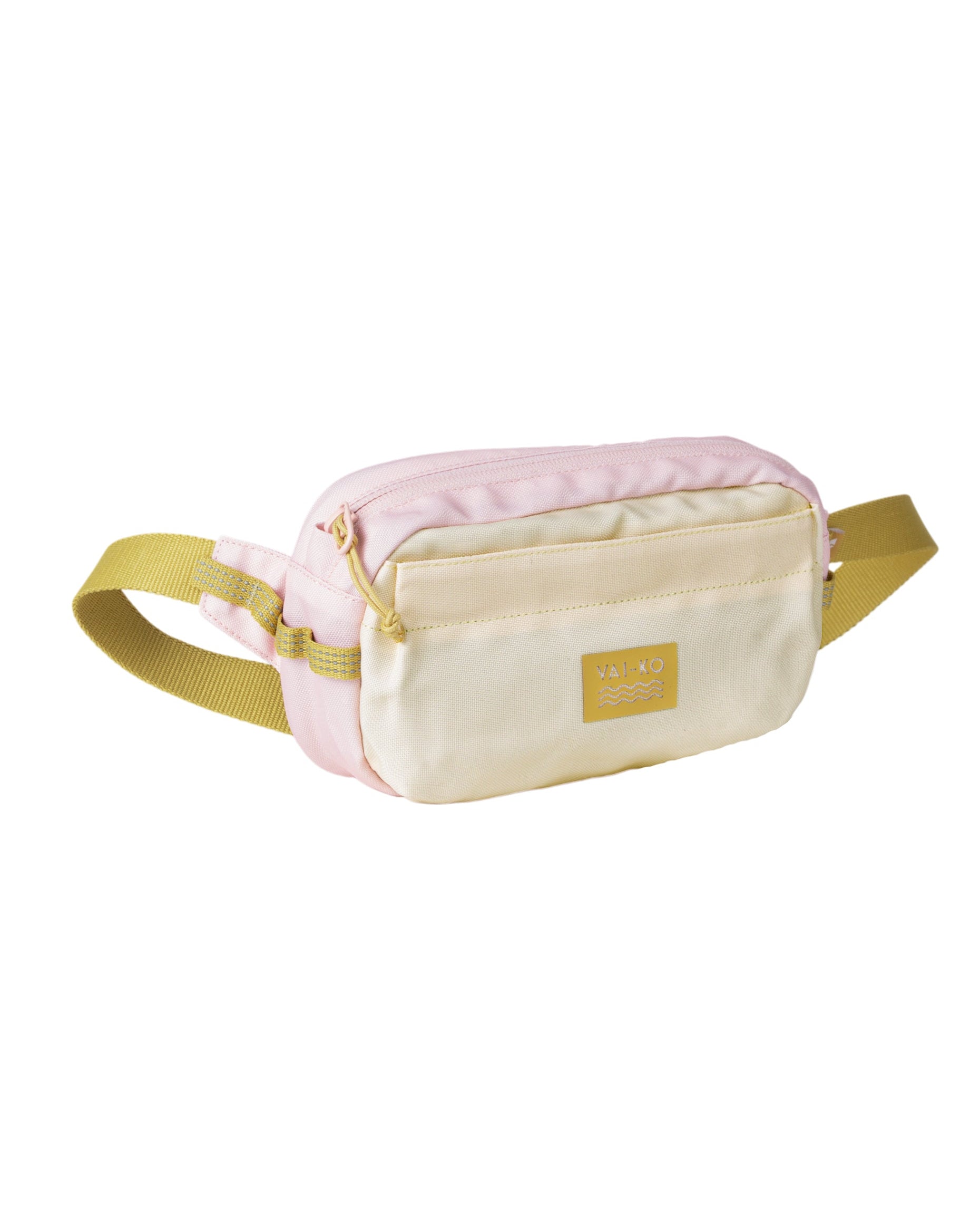 A pastel pink and beige waist bag with yellow straps and a front zipper pocket, on a white background.