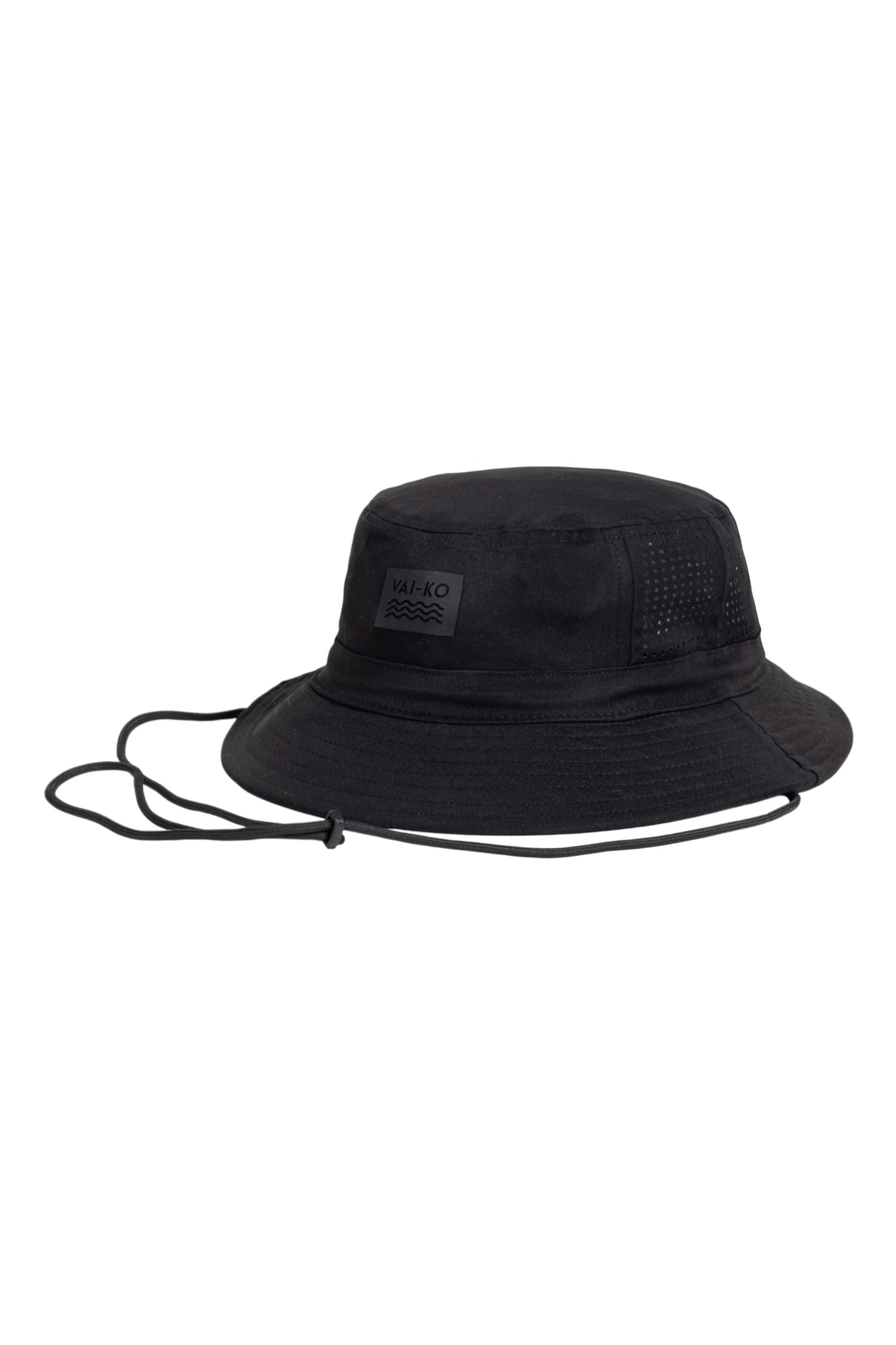 Black wide-brim bucket hat with chin strap and mesh side panel, displayed on a white background.