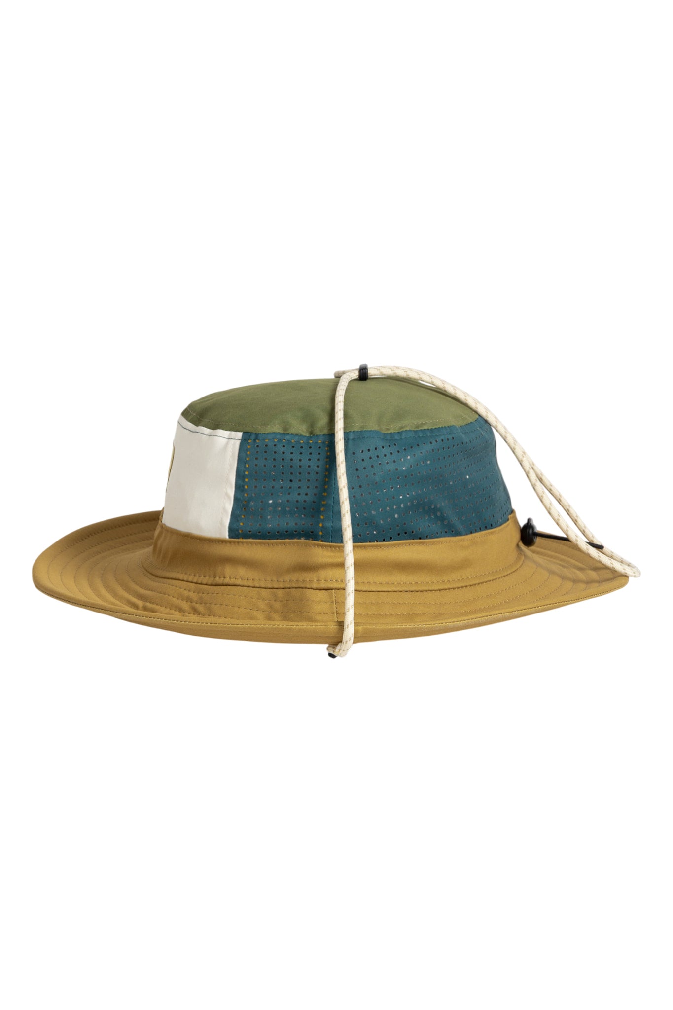 Wide-brimmed hat with green, blue, tan, and white panels and a white chin cord, shown in side view.