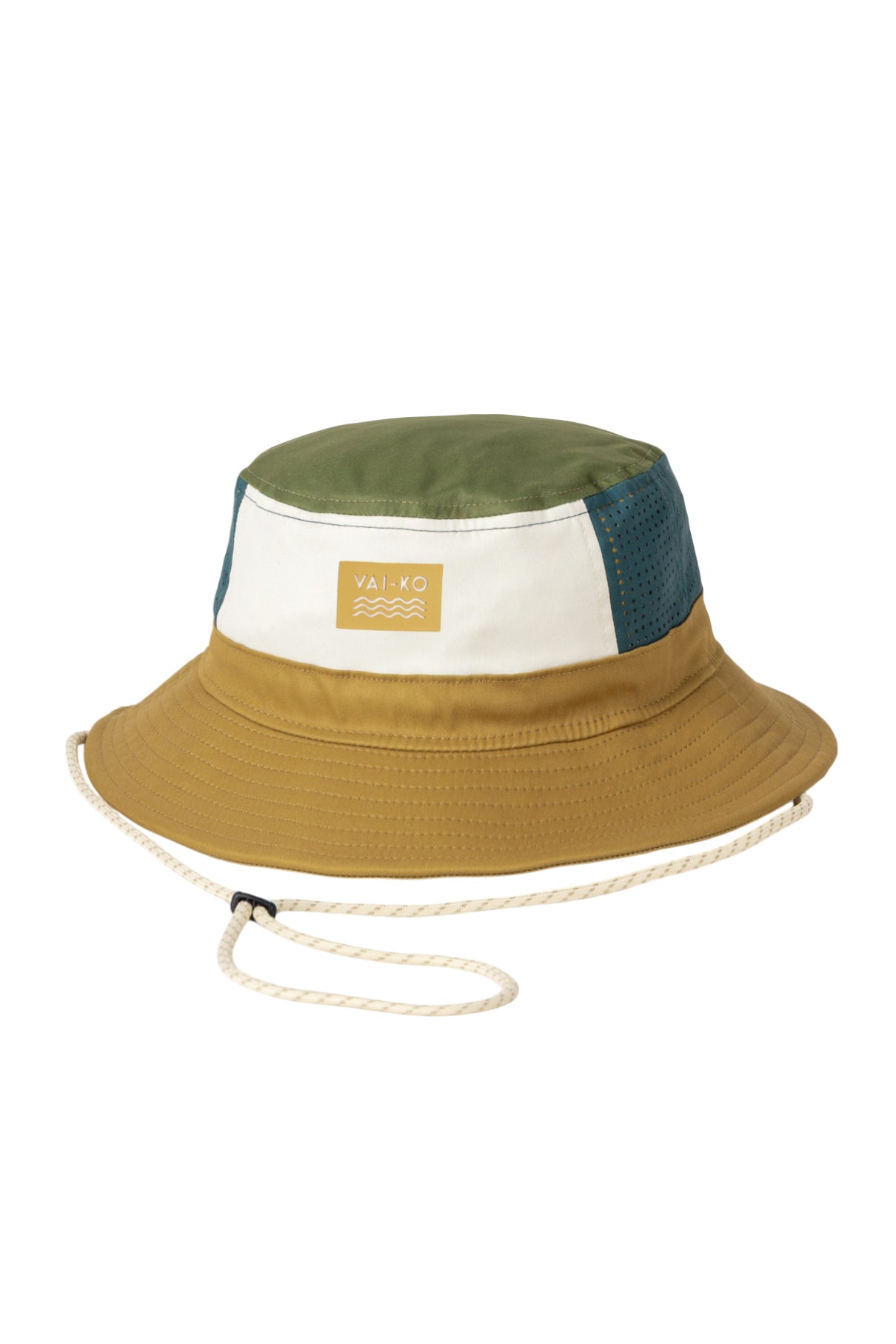 A multicolored bucket hat with a chin strap, featuring green, white, teal, and tan panels and a logo patch.