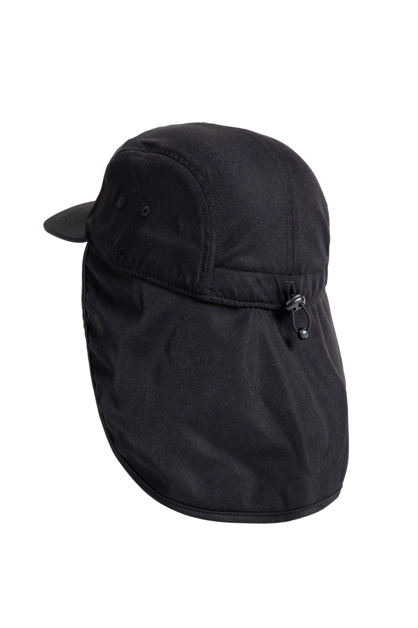 Black cap with a neck flap and adjustable drawstring at the back, designed for sun protection.