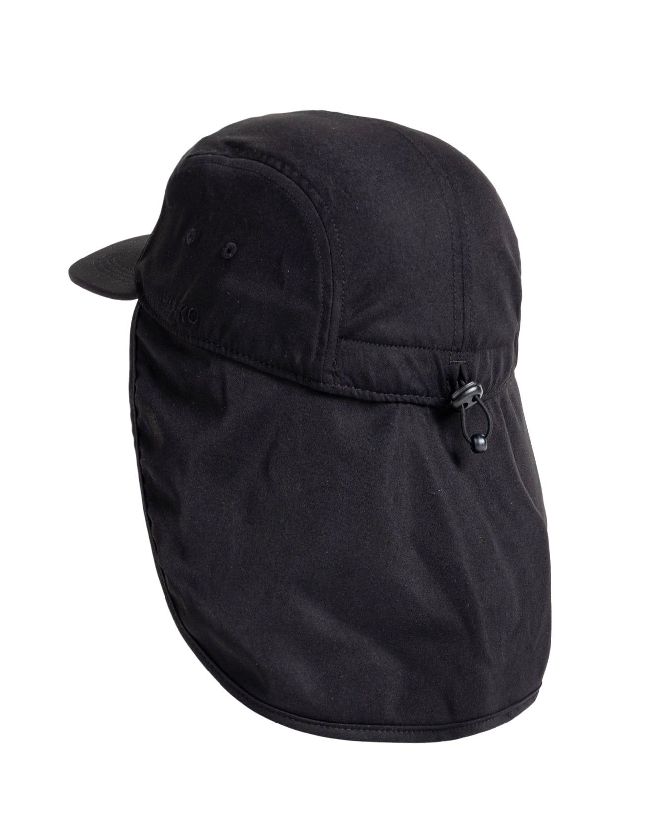Black cap with a neck flap and adjustable drawstring at the back, designed for sun protection.